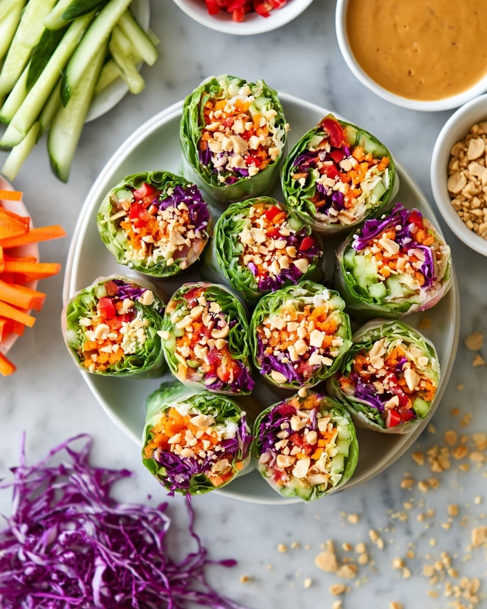 A round white plate holds several fresh spring rolls cut in half, each showing layers of bright green lettuce wrapping a mix of orange shredded carrots, red bell peppers, purple cabbage, and pale cream-colored sauce drizzled on top, with some crushed peanuts sprinkled over. The rolls are arranged close together, creating a colorful and fresh look. Around the plate on a white marbled surface, there are small bowls: one filled with crushed peanuts and another with dipping sauce, plus scattered shredded purple cabbage, carrot sticks, and cucumber sticks. Photo taken with an iphone --ar 4:5 --v 7