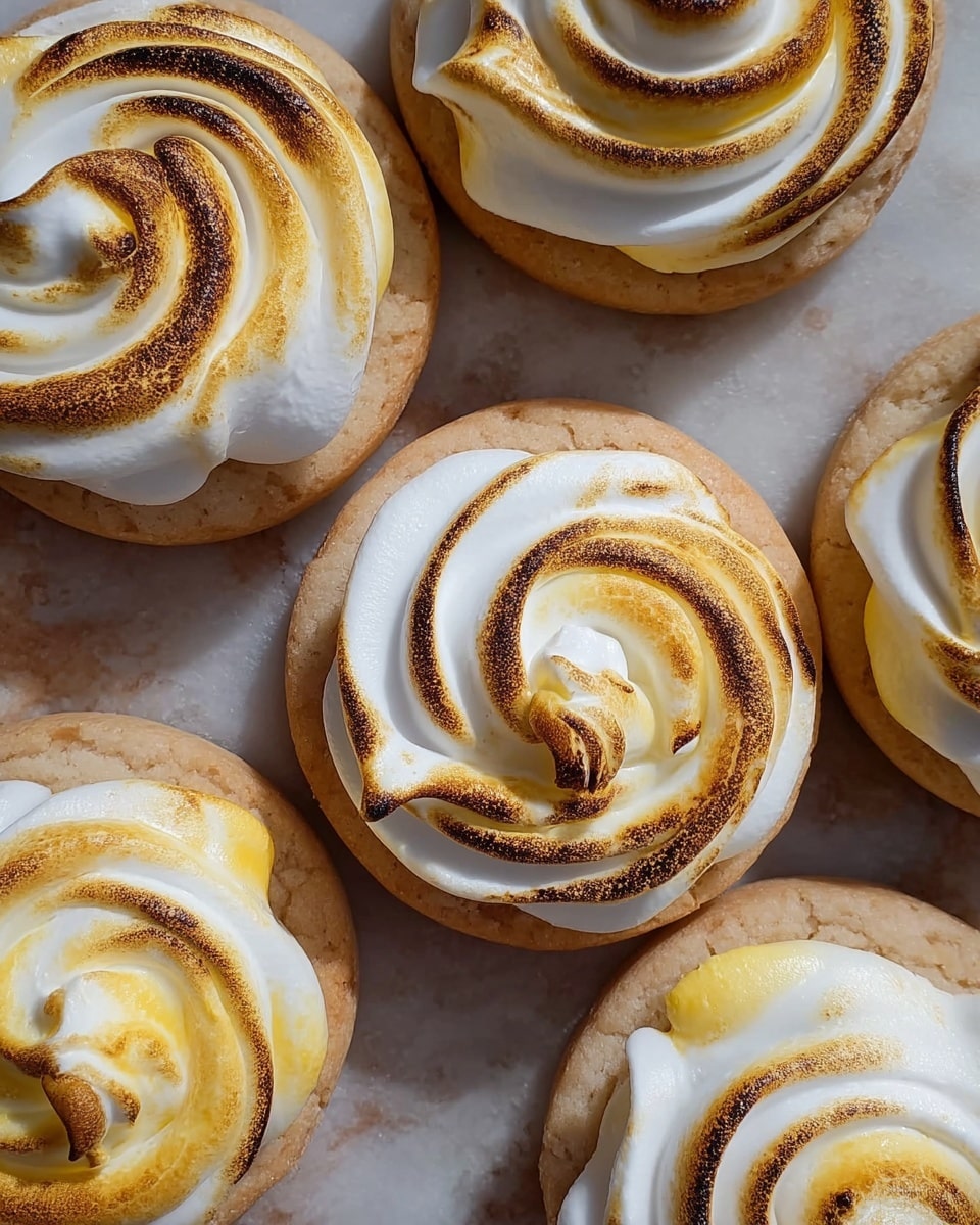The image shows four lemon meringue cookies on a white marbled surface. Each cookie has two main layers: the bottom layer is a round, light golden-brown cookie with a soft and slightly cracked texture. On top is a thick swirl of white meringue with toasted light brown edges, creating a burnt look around the swirls. In the very center of each swirl is a glossy, bright yellow lemon curd dollop. The textures of the meringue and lemon curd shine softly under the light. Photo taken with an iphone --ar 4:5 --v 7