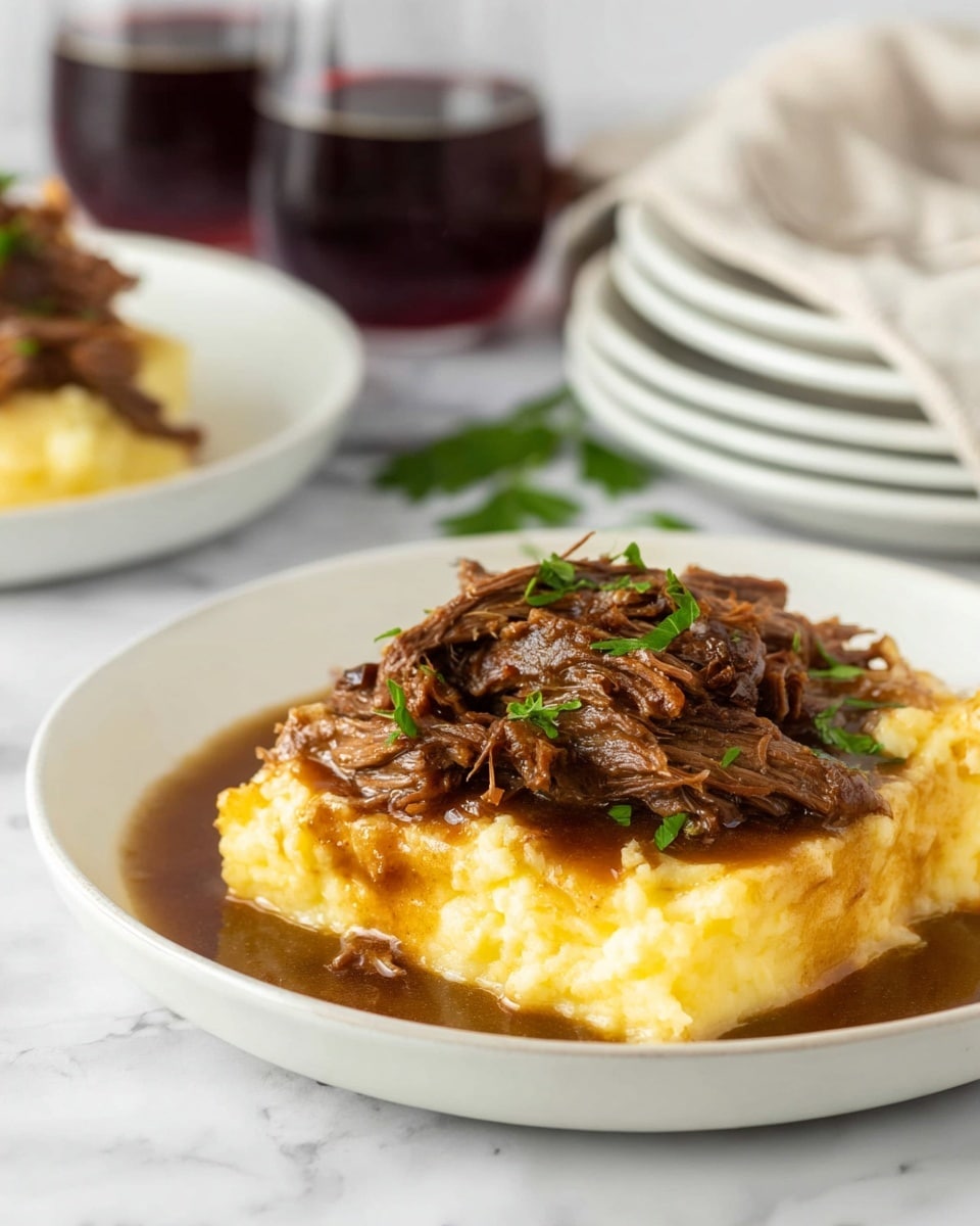 A white plate holds two layers of food: the bottom layer is creamy, pale yellow mashed potatoes with a smooth, soft texture, and the top layer is a generous portion of dark brown shredded beef that looks tender and moist, with glossy gravy pooling around the edges. Small bright green parsley leaves are scattered on top of the beef, adding color contrast. The background is a white marbled surface with two clear glass cups filled with dark liquid slightly out of focus, and a stack of white plates is seen to the left. photo taken with an iphone --ar 4:5 --v 7