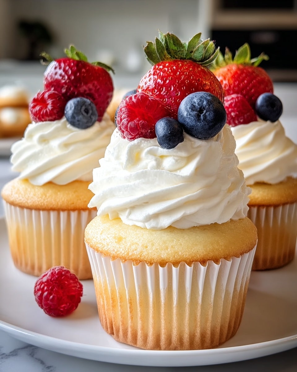 Three vanilla cupcakes sit on a white plate over a white marbled texture. Each cupcake has a light golden-brown base with ribbed white paper liners. On top, there is a thick, fluffy layer of white whipped cream, swirling upwards in soft peaks. The cream is decorated with fresh red strawberries, red raspberries, and dark blue blueberries, arranged to add bright, natural color contrast. The background is a blurred kitchen scene. Photo taken with an iphone --ar 4:5 --v 7