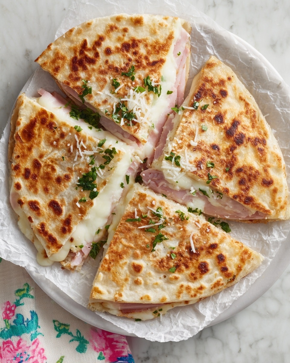 A stack of three layers of toasted sandwich bread is shown, each layer filled with melted white cheese and thin slices of pale pink ham, sprinkled with finely chopped green herbs. The bread is golden brown with patches of melted grated white cheese on top, adding a slightly crispy texture. The sandwich sits on white parchment paper on a round wooden board, with extra grated cheese and herbs scattered around. To the side is a small white bowl filled with a creamy pale yellow sauce. The background is a white marbled texture with a floral cloth peeking from the edges. Photo taken with an iphone --ar 4:5 --v 7