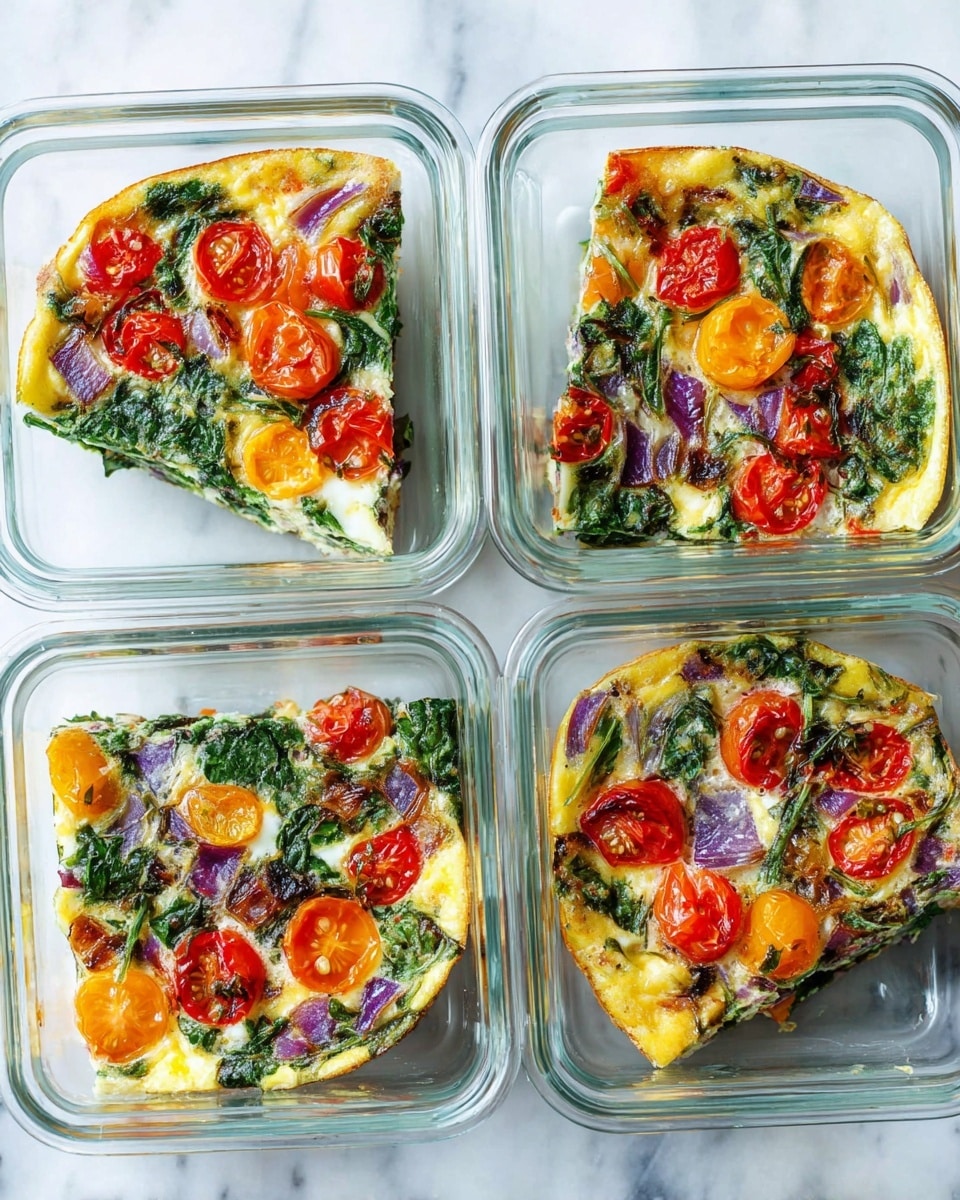 The image shows four clear glass meal prep containers placed on a white marbled surface, each holding a slice of vegetable frittata. The frittata has a thick base layer of light yellow egg with green leafy spinach mixed throughout. On top, there are scattered vibrant red, orange, and yellow cherry tomato halves, along with bits of cooked purple onion, creating colorful spots across each slice. The texture looks soft and slightly firm, with visible cooked edges on the tomatoes and spinach. Photo taken with an iphone --ar 4:5 --v 7