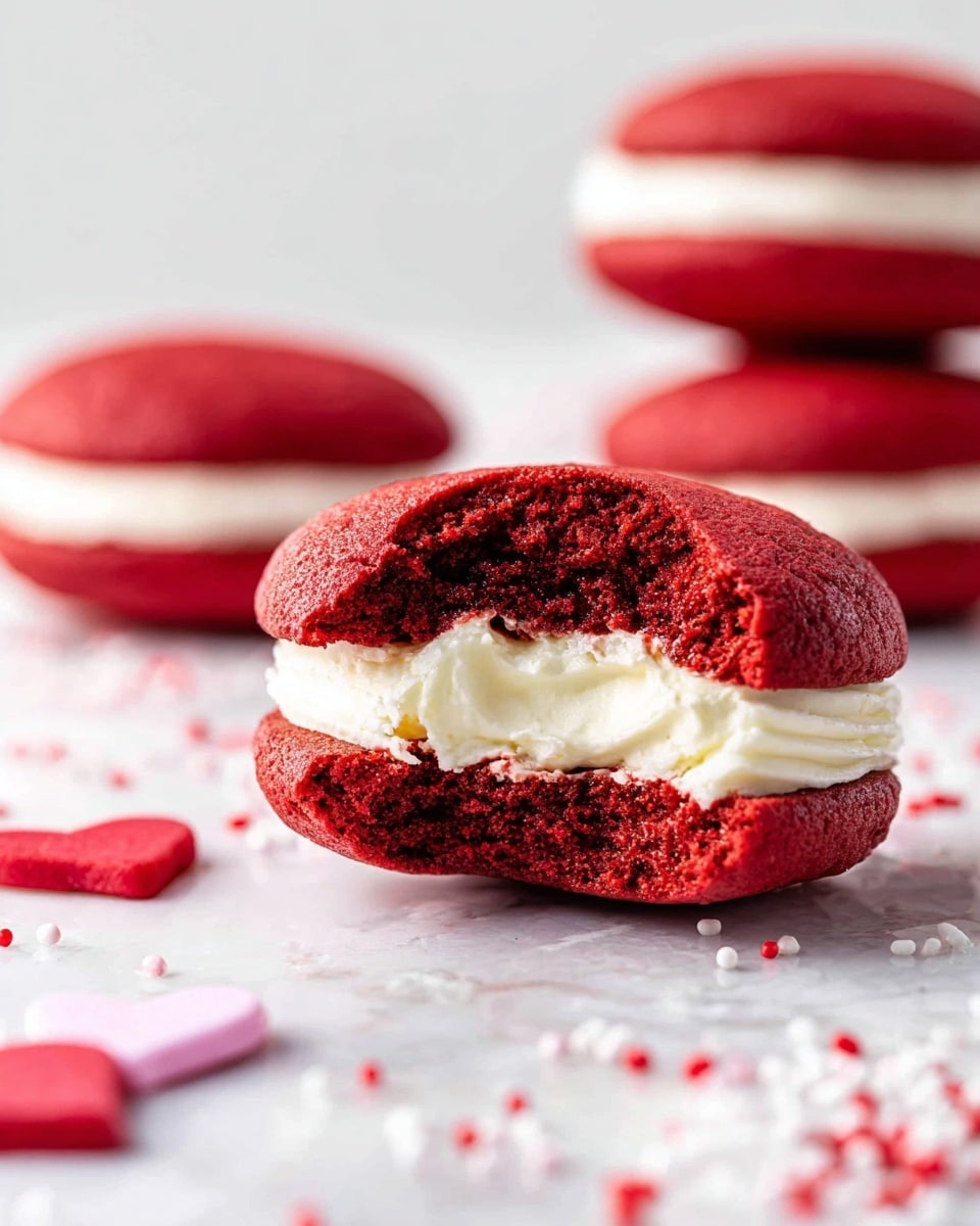 A close-up view of a red velvet whoopie pie placed on a white marbled surface, showing two thick, soft, red cookie-like layers with a creamy white filling sandwiched in between; the top red velvet layer is slightly cracked, revealing its moist texture and part of the filling oozing out. In the blurred background, there are three more whole whoopie pies stacked and spaced out, each with similar red layers and white filling. Small heart-shaped red and white sprinkles are scattered around the whoopie pie in the foreground. photo taken with an iphone --ar 4:5 --v 7