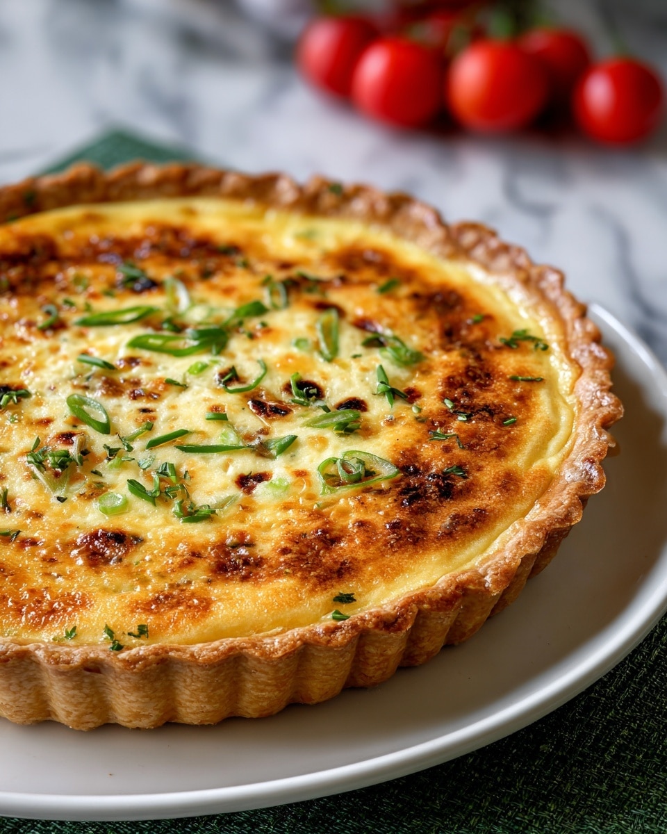A golden-brown quiche sits on a white plate, with a crispy, crimped edge forming the base layer. The second layer is a custard filling that looks creamy yellow with melted cheese mixed in, showing some browned spots on top from baking. The surface is sprinkled with small green herbs and thin, dark green slices of scallion, adding texture and color contrast. The quiche is slightly raised on the plate, which is placed on a green textured mat, all set against a background with a white marbled texture and blurred red cherry tomatoes visible in the back. photo taken with an iphone --ar 4:5 --v 7