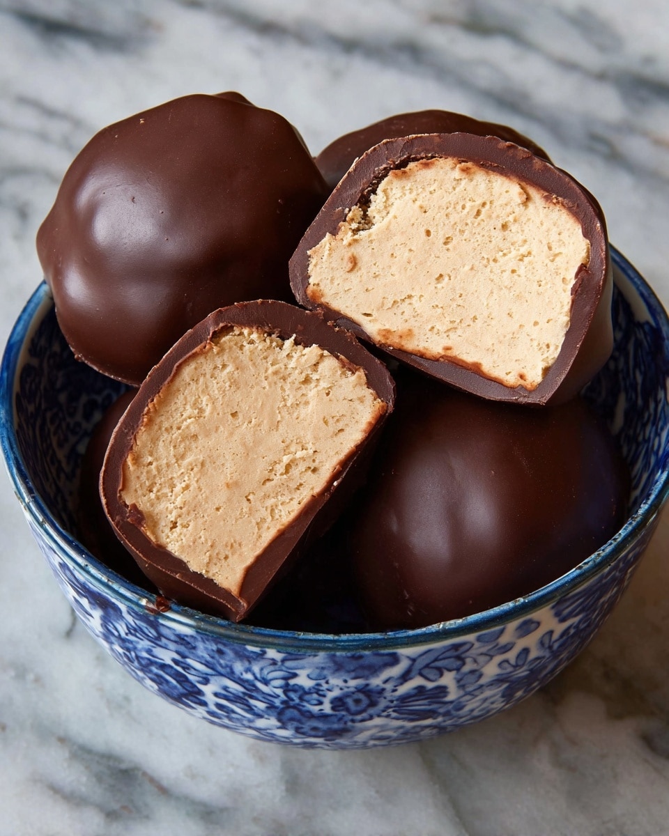 A white bowl with blue patterns is filled with round chocolate-covered treats, three of which are whole and two are cut in half showing three layers: the outer dark brown shiny chocolate coating, a thin chocolate layer inside, and a thick beige, creamy, and slightly airy center. The treats have a smooth texture on the outside and a soft, porous inside. The bowl is placed on a white marbled surface. The photo taken with an iphone --ar 4:5 --v 7