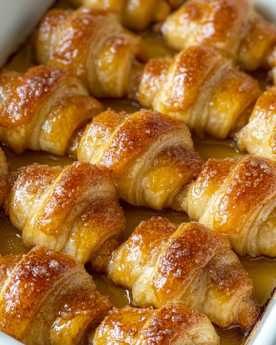 This image shows many small croissant rolls closely placed in a clear baking dish on a white marbled surface. Each croissant is golden brown with a slightly crisp and flaky outer layer, showing a light and airy texture. The croissants are covered generously with a glossy, sticky syrup that pools around and between them, giving the surface a shiny and moist look. The syrup has a warm amber color, adding contrast to the light brown rolls. The rolls have some darker brown spots that look like cinnamon or sugar crystals, adding extra texture and color variation. photo taken with an iphone --ar 4:5 --v 7