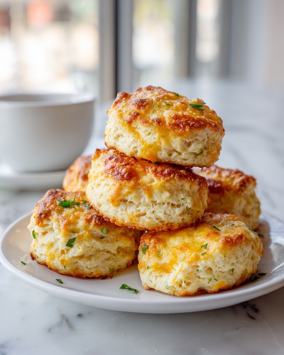 A white plate holds six golden-brown cheese biscuits stacked in a small pile. Each biscuit shows a rough, textured surface with a melted cheese crust on top, blending yellow and light brown colors, and small green parsley pieces scattered over them. The biscuits have a soft, fluffy interior visible in some parts, with a slight crumbly look at the edges. The plate rests on a white marbled surface with a blurred white cup and window in the background, soft natural light highlighting the warm tones of the biscuits. Photo taken with an iphone --ar 4:5 --v 7
