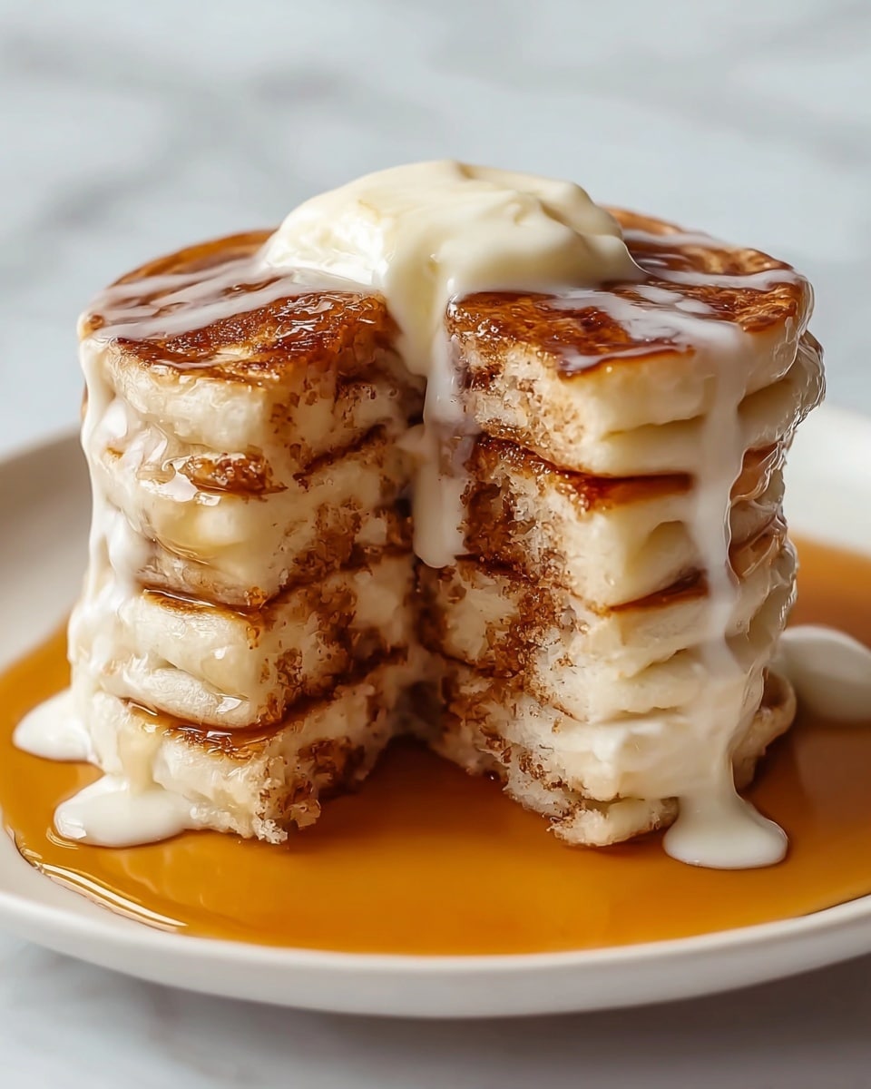 A stack of four thick pancakes sits on a white plate, each pancake showing a golden-brown color on top with light fluffy texture inside. The pancakes are layered with creamy white sauce oozing between them and a shiny amber syrup pooling around the base. A dollop of smooth white cream rests on the top pancake, contrasting with the darker toasted surface. The pancakes have a soft, moist interior with swirls of cinnamon and sugar, and one side is cut out, revealing the airy texture within. The whole scene is set against a white marbled background. photo taken with an iphone --ar 4:5 --v 7
