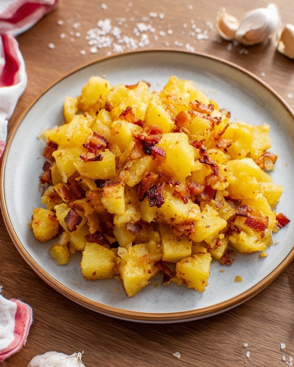 A close-up view of a dish piled high with small, golden yellow potato cubes and crispy, browned bacon pieces mixed throughout. The potatoes have a soft, slightly creamy texture with a light shine, while the bacon adds a crunchy texture and reddish-brown color contrast. The food is served on a simple, round white plate, sitting on a white marbled surface with a few grains of coarse salt scattered nearby and some garlic cloves faintly blurred in the background. photo taken with an iphone --ar 4:5 --v 7
