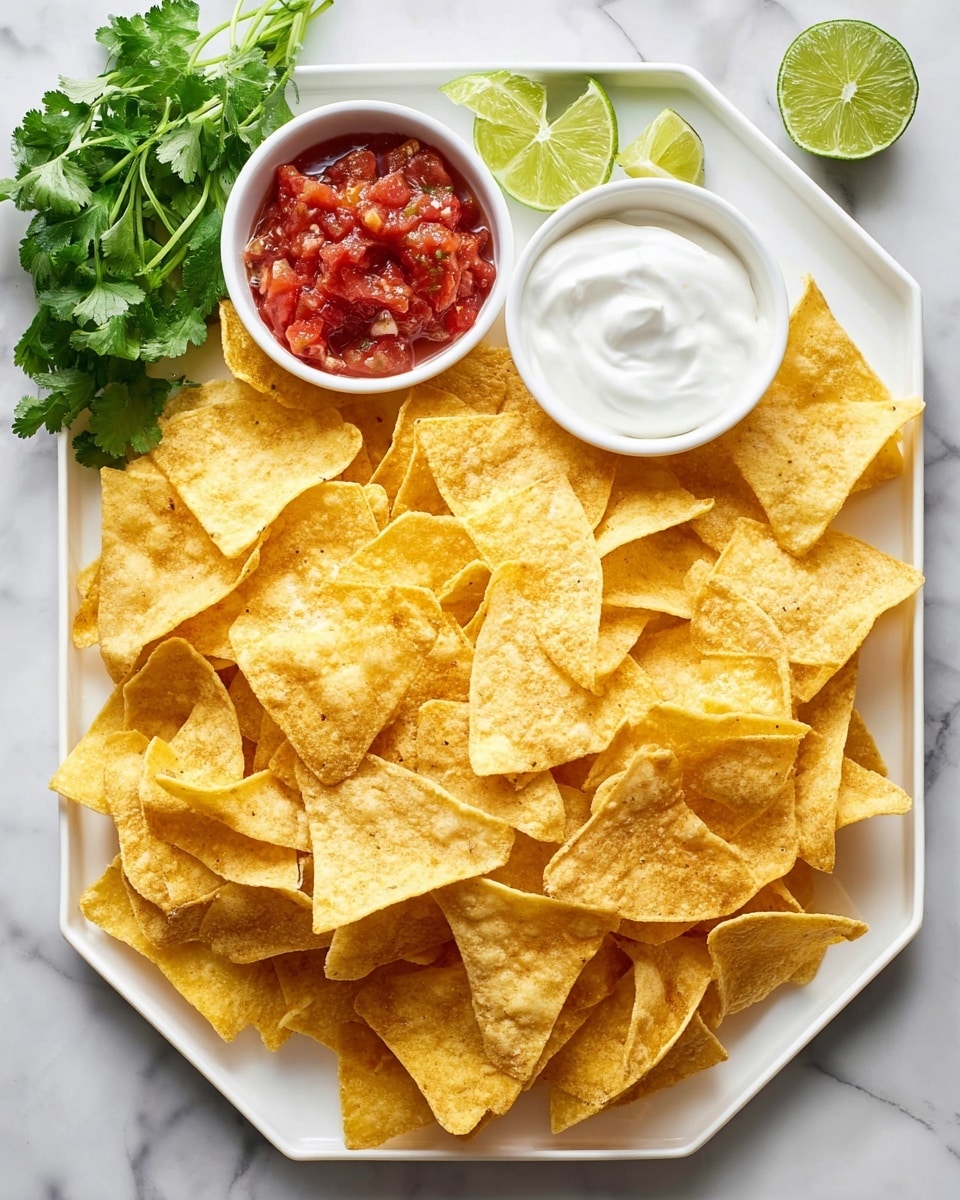 A white octagonal plate filled with a large pile of golden yellow, crispy tortilla chips, each chip showing a slightly bubbled texture and a matte finish. On the top left side of the plate, there are two small white bowls: one with chunky red salsa containing visible pieces of tomato and other vegetables, and the other filled with smooth, thick white sour cream. Above the bowls, there is a small bunch of fresh, bright green cilantro leaves. To the top left corner outside the plate, there are four lime wedges placed on a white marbled surface. Photo taken with an iphone --ar 4:5 --v 7