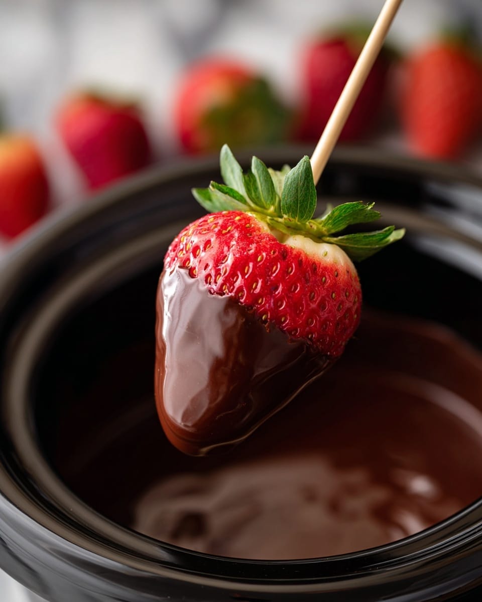A close-up image shows a single red strawberry with green leaves dipped halfway into thick, glossy dark brown chocolate inside a black slow cooker. The strawberry is held by a thin light wooden skewer, and the chocolate looks smooth and creamy, coating the lower half of the strawberry evenly. The background shows blurred red strawberries and a white marbled texture surface. Photo taken with an iphone --ar 4:5 --v 7