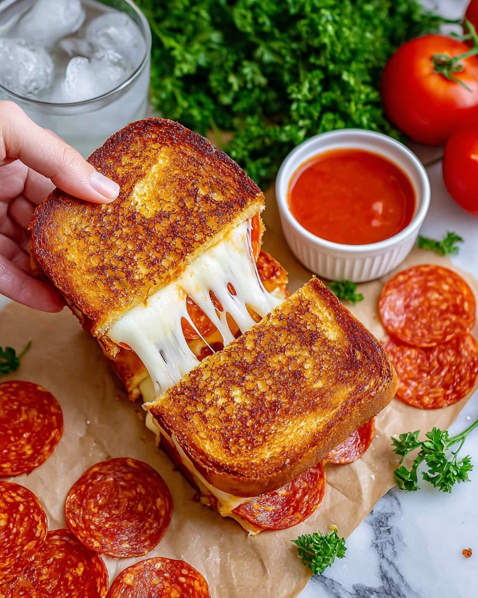 A toasted sandwich with two golden brown slices of bread, each slice showing a crispy, slightly speckled texture on the outside; the sandwich is pulled apart by a woman's hand from the left, revealing melted stretchy white cheese with a smooth texture and bright red pepperoni slices inside. The sandwich rests on a piece of parchment paper on a white marbled surface, surrounded by several pepperoni slices, a bunch of fresh green parsley in the background, whole red tomatoes to the right, and a clear glass with ice. A small white bowl filled with bright red dipping sauce sits near the sandwich, adding vibrant color to the scene. Photo taken with an iphone --ar 4:5 --v 7