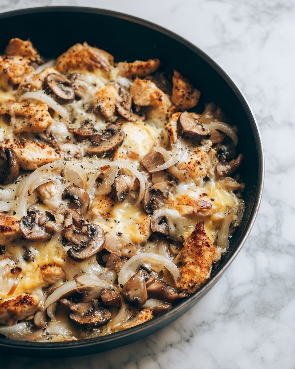 The image shows a close-up of a black pan filled with cooked food. The dish has a mix of brown mushrooms, light golden-brown chicken pieces, and translucent white onion slices. These ingredients are topped with melted cheese that is white and yellow, spread unevenly across the surface. The food looks soft and slightly browned in some areas, giving a textured and hearty appearance. The background features a white marbled surface. photo taken with an iphone --ar 4:5 --v 7