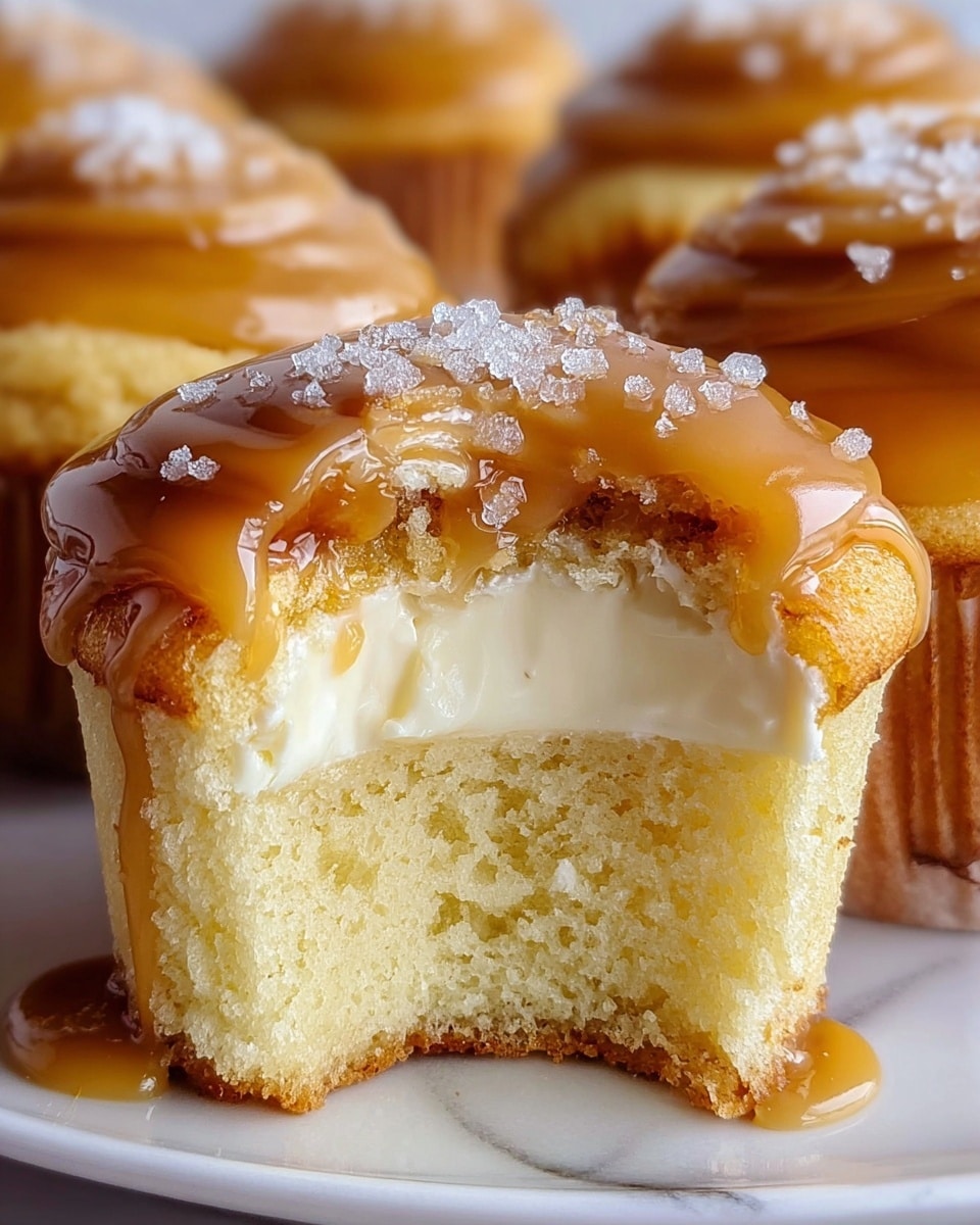 A close-up view of a small round dessert shows four distinct layers: the bottom layer is a light golden brown sponge cake, followed by a thin, translucent jelly-like layer with a slightly amber color, then a creamy pale yellow custard filling that looks smooth and rich, and the top layer is a shiny, caramelized glaze with a deep amber color and a slightly burnt, textured surface with sugar crystals. The dessert sits on a white surface with a soft focus on similar desserts in the background. The texture of each layer is clearly visible, showing softness and glossiness where appropriate, photo taken with an iphone --ar 4:5 --v 7