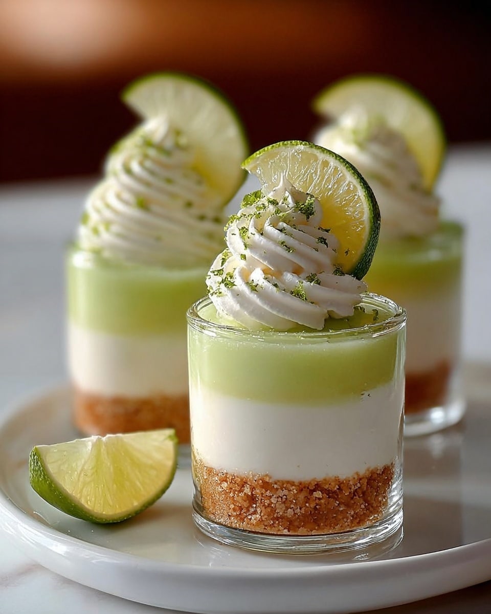 The image shows four small glass jars placed on a white plate with a slice of lime on the side. Each jar contains three visible layers: the bottom layer is a crumbly brown crust with a rough texture, the middle layer is smooth and creamy white, and the top layer is a light green gel-like layer. On top of each jar, there is a swirl of white whipped cream, sprinkled with light brown crumbs, and garnished with a small green mint leaf. The jars and plate are set against a white marbled surface with a blurred brown background. photo taken with an iphone --ar 4:5 --v 7