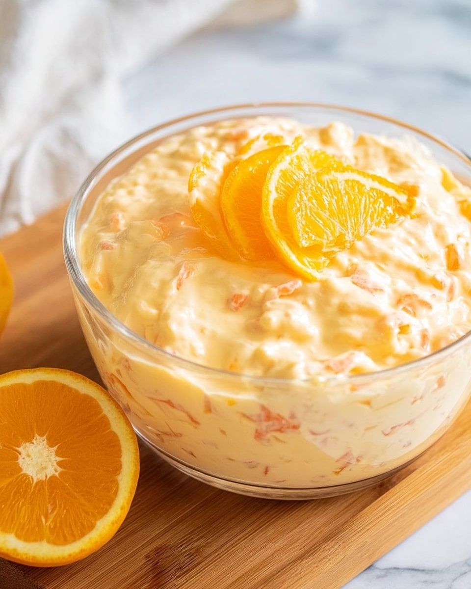 A clear glass bowl filled with a creamy, light orange mixture that has visible small chunks of orange peel or fruit inside, giving it a slightly textured look. On top of the creamy layer, there are two thin slices of bright orange placed in the center as a garnish. The bowl rests on a wooden board, which is set against a white marbled surface. To the side of the bowl on the board, there is a halved orange with its bright, juicy interior facing up. photo taken with an iphone --ar 4:5 --v 7