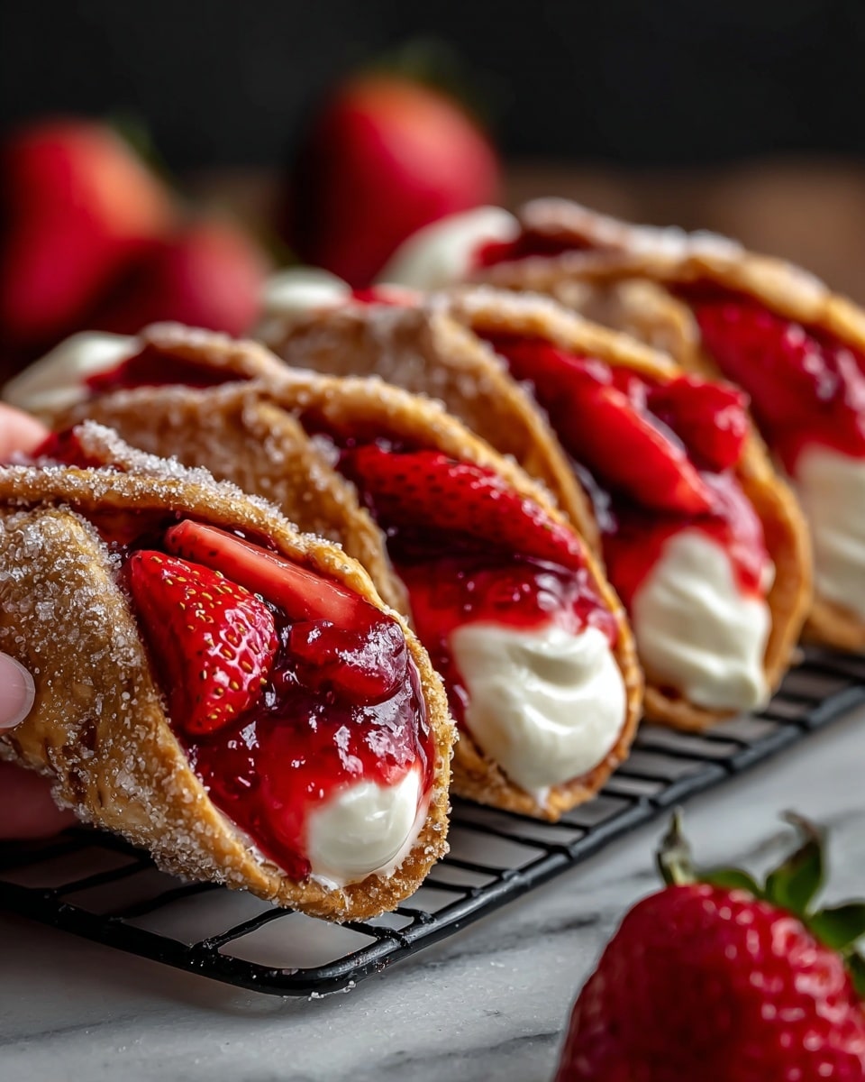 Three crispy taco shells stand side by side on a white plate, each filled with a smooth, creamy white layer at the bottom, topped with a bright, glossy red cherry sauce with visible whole cherries and syrup dripping slightly over the edges. The taco shells are golden brown with a crunchy texture. The background is a white marbled surface, and the photo taken with an iphone --ar 4:5 --v 7