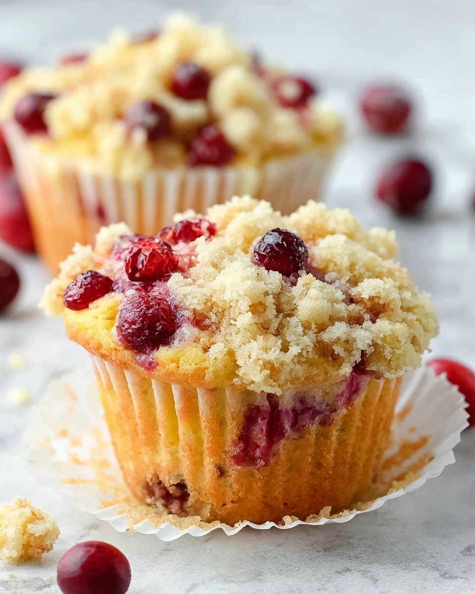 The image shows two muffins with a crumbly, light yellow streusel top mixed with bright red whole cranberries. The muffins have a golden brown base with visible red berry pieces inside. They sit on opened white cupcake liners, placed on a clean, white marbled surface. Some loose cranberries and crumbs are scattered around, adding a natural, casual feel. The muffin in the front is in sharp focus, showing the detailed texture of the crumb topping and juicy berries, while the muffin in the back is blurred softly. photo taken with an iphone --ar 4:5 --v 7