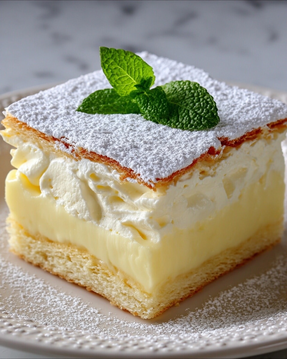 A square slice of layered dessert sits on a white plate with delicate patterns, resting on a white marbled surface. The bottom layer is a light brown, crumbly crust, topped with a thick, smooth, pale yellow custard layer. Above this is a fluffy, creamy middle layer with soft, ruffled texture in a slightly lighter yellow shade. The top layer is a thin, golden-brown baked surface sprinkled generously with powdered sugar. A small, fresh green mint leaf sits on top, adding a touch of color. Photo taken with an iphone --ar 4:5 --v 7