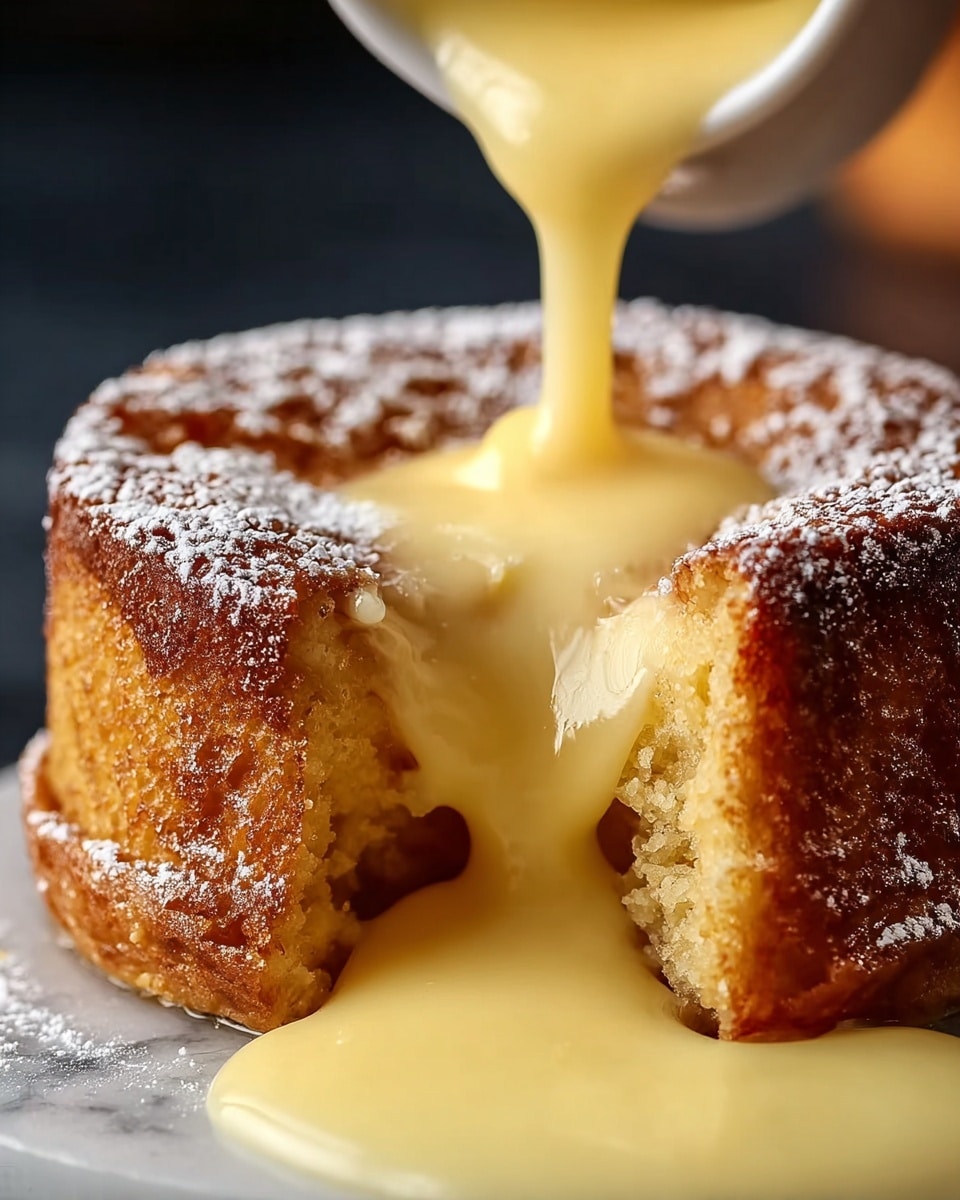 A square piece of bread pudding sits in the middle of a white plate on a white marbled surface. The pudding has a golden-brown top layer with a slightly crispy texture, dotted with dark raisins. A smooth, creamy white sauce is generously drizzled over the top and around the base, pooling slightly on the plate. To the right of the plate is a shiny silver spoon resting on the surface. In the background, there are three clear glass jars filled with more bread pudding topped with sauce, slightly out of focus. The overall scene is bright and clean. photo taken with an iphone --ar 4:5 --v 7