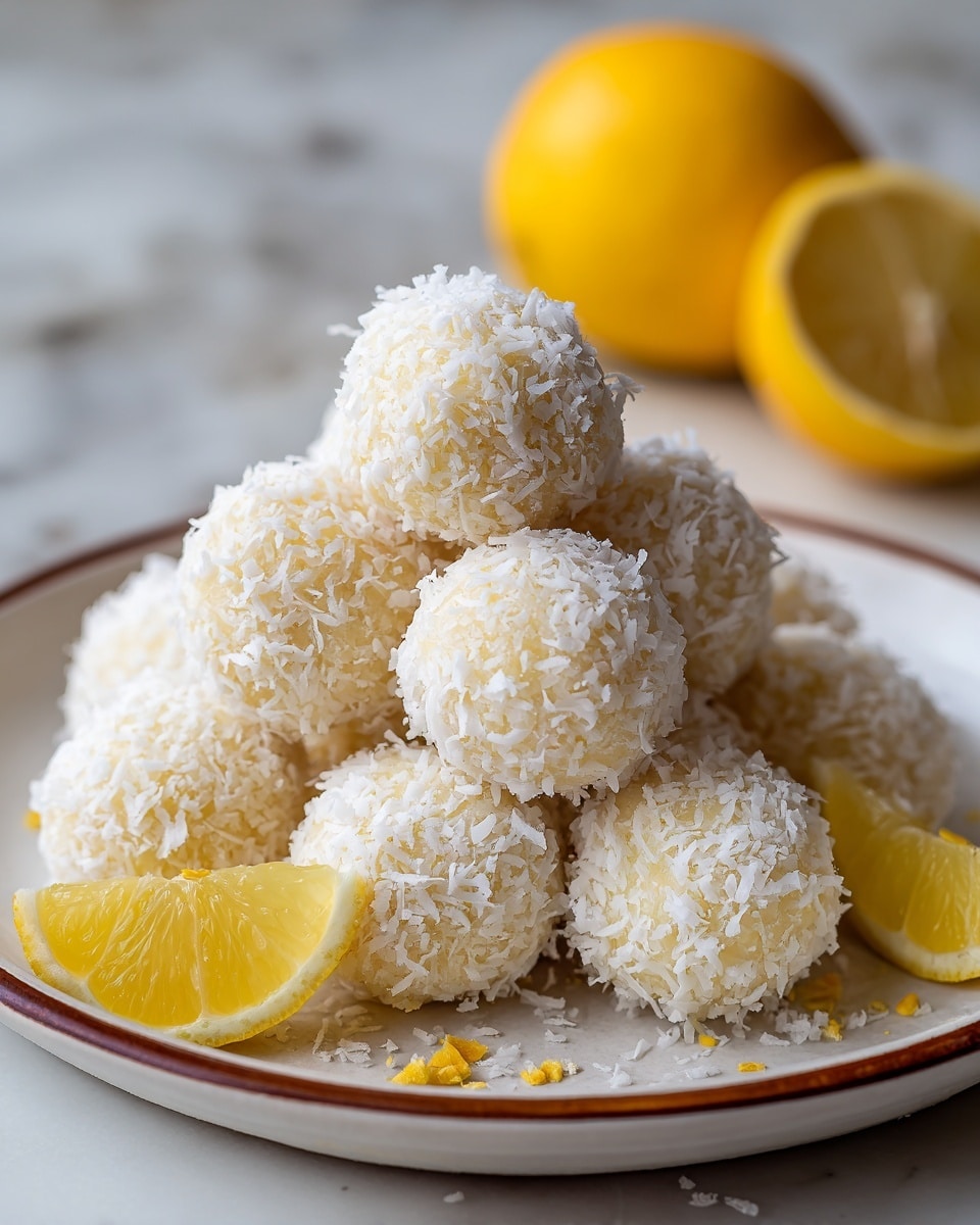 There is a pyramid of small round sweet balls covered in white shredded coconut on a white plate with a brown rim. The balls are light yellow underneath the coconut flakes showing. Around the base of the pyramid, there are some small yellow crumbs. On the plate near the balls, two bright yellow lemon wedges add color, while in the blurred background a whole yellow lemon sits against the white marbled surface. The image is sharp and well-lit, focusing on the texture of the coconut and the smoothness of the lemon slices. photo taken with an iphone --ar 4:5 --v 7