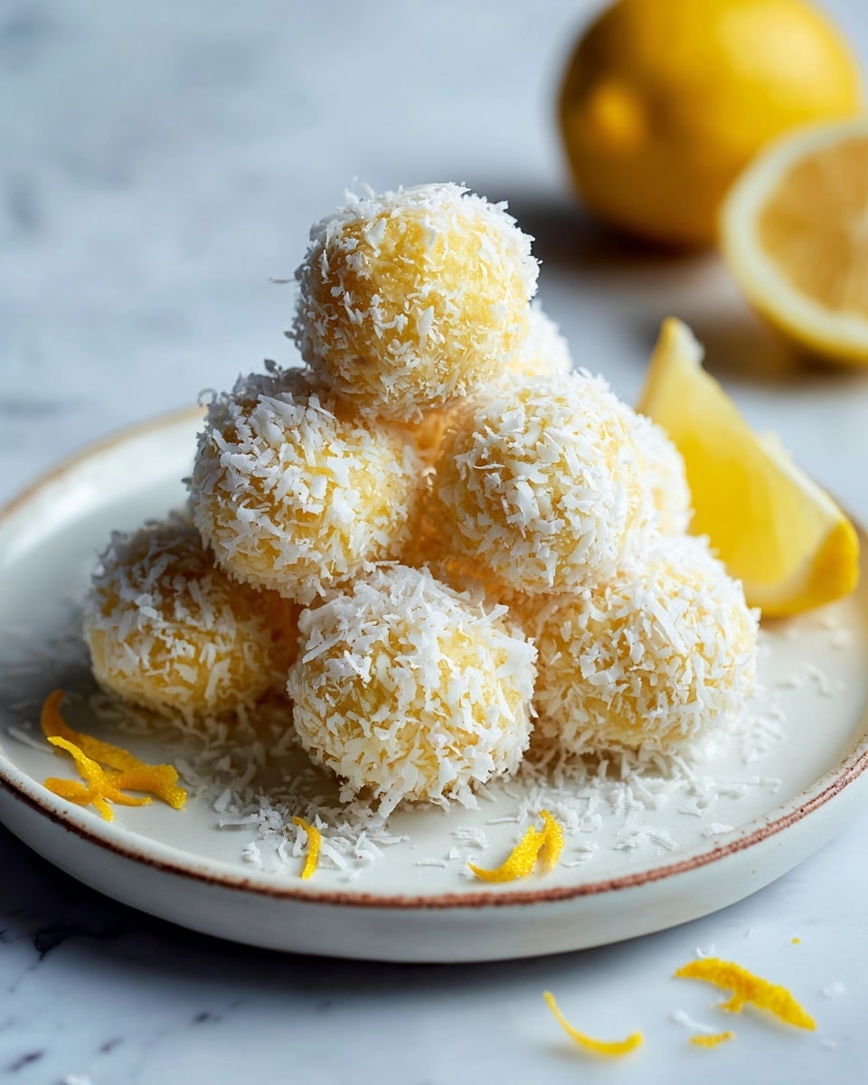 A small pile of round balls covered in white shredded coconut sits in the middle of a white plate with a slight brown edge. The balls are light yellow underneath the coconut flakes, and the pile is about three layers high, with one ball on top, three in the middle, and the rest forming the base. Around the plate are small yellow flakes and two lemon wedges, one placed near the front right side and the other slightly blurred in the background, along with a whole lemon. The plate rests on a surface with a white marbled texture. photo taken with an iphone --ar 4:5 --v 7