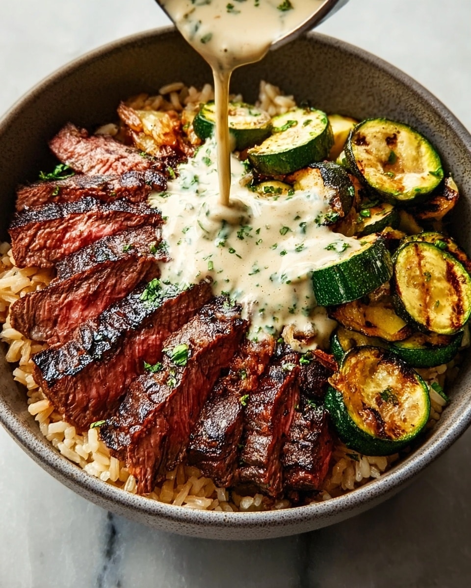 A bowl filled with a base layer of light brown rice, on top of which sits a layer of grilled steak slices with a charred dark brown crust and a juicy reddish-pink interior, arranged on one side. On the other side, there are round, grilled zucchini pieces with a green outer skin and golden brown grill marks. A creamy white sauce with green herb bits is being poured over the center of the steak and zucchini. The bowl is on a white marbled surface. photo taken with an iphone --ar 4:5 --v 7