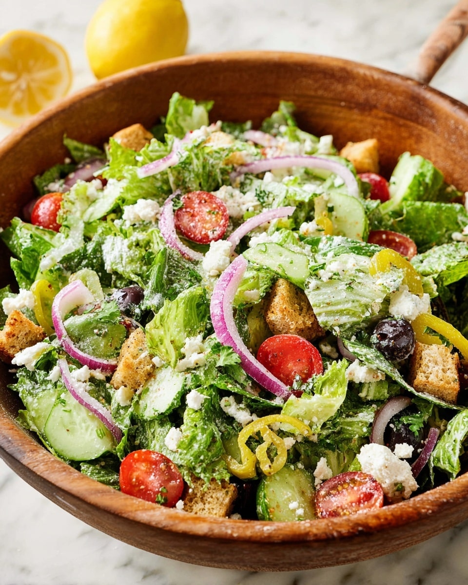 A fresh green salad is shown in a large wooden bowl sitting on a white marbled surface. The salad has several layers, starting with a base of bright green romaine lettuce leaves that create a textured, leafy foundation. Mixed through the greens are halved red cherry tomatoes adding pops of color, slices of light green cucumber with their peel, and thin rings of purple-red onion spread throughout. Yellow-green pepperoncini peppers and black olives add more visual interest and variety. Scattered across the salad are small golden-brown croutons, providing a crunchy look. The salad is topped with crumbly white feta cheese and sprinkled with fresh green parsley. In the background, two lemon halves sit on the white marbled surface, slightly out of focus. photo taken with an iphone --ar 4:5 --v 7