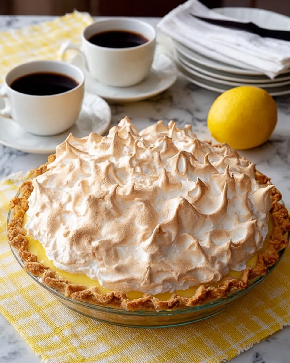A lemon meringue pie is shown on a clear glass pie dish with a crimped golden-brown crust at the bottom layer. The middle layer is a bright yellow lemon filling, mostly hidden under a thick, fluffy meringue layer on top, which has soft peaks with light toasty brown tips giving a textured look. The pie sits on a white marbled surface with a soft yellow checked cloth beneath the dish. Behind the pie are two white cups filled with dark coffee, a small stack of white plates, a black knife, folded white napkins, and a whole lemon placed next to the plates. photo taken with an iphone --ar 4:5 --v 7
