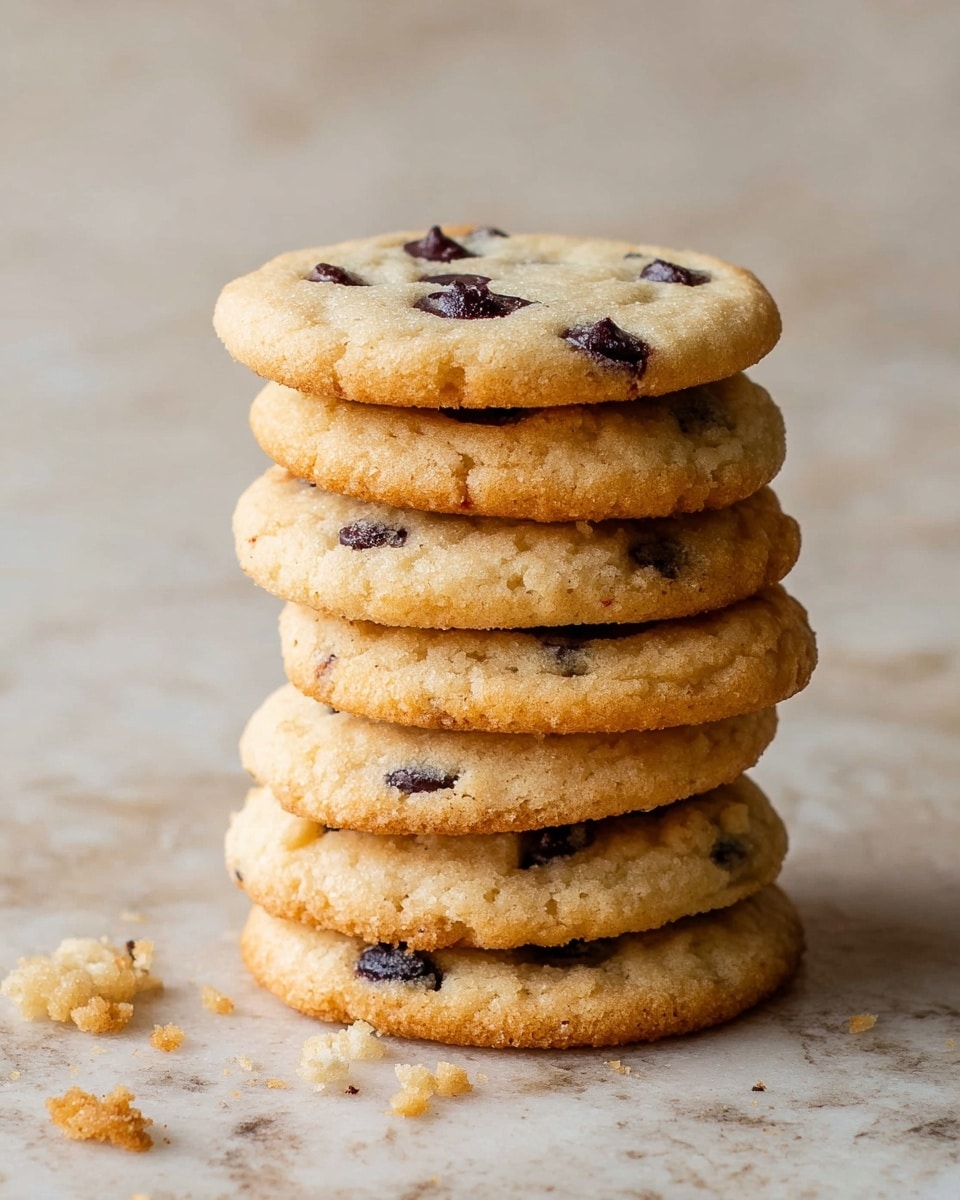 A tall stack of eight round cookies sits on a surface with a white marbled texture. Each cookie is light golden brown with a slightly crispy edge and softer middle, dotted with dark chocolate chips that stand out against the lighter dough. The top cookie has slightly melted chocolate chips visible, adding a rich contrast. There are small crumbs scattered around the base of the stack, showing a crumbly texture. The cookies look soft and freshly baked with gentle browning on the sides. photo taken with an iphone --ar 4:5 --v 7