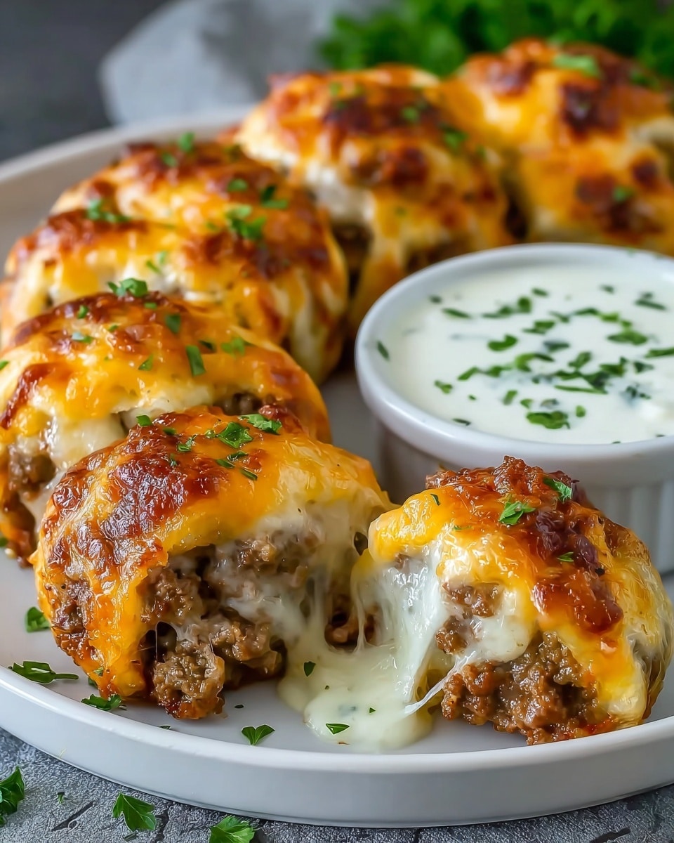 The image shows a plate of golden-brown, baked cheese and ground beef rolls, arranged in a neat row. Each roll has a top layer of bubbly, melted yellow-orange cheese with browned edges, and a middle layer of finely crumbled brown ground beef. The cheese stretches gooey and white as one roll is slightly pulled apart, revealing the melty texture inside. Bright green chopped herbs are sprinkled on top of the rolls and around the plate. In the background, a white bowl filled with creamy white sauce, also sprinkled with green herbs, sits on a white marbled surface. Photo taken with an iphone --ar 4:5 --v 7