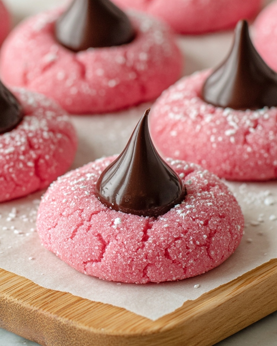The image shows a close-up of round pink cookies arranged on white parchment paper on a wooden board with a white marbled background. Each cookie has a smooth, bright pink base with a slightly grainy texture from sugar or sprinkles, topped with a dark, smooth chocolate drop in the center. The chocolate drop is cone-shaped and glossy, standing upright in the middle of the pink cookie. Fine white powdered sugar is lightly dusted on the cookies, adding a soft contrast to the pink surface. Photo taken with an iphone --ar 4:5 --v 7