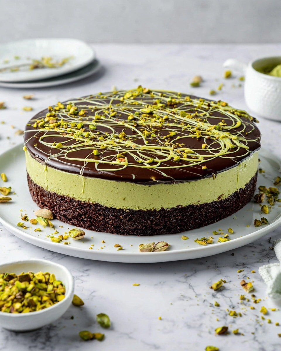 A round cake with three clear layers sits on a white plate on a white marbled surface. The bottom layer is dark brown and looks moist and crumbly like chocolate cake. The middle layer is a thick, light green cream with a smooth but slightly textured look, likely pistachio mousse. The top layer is a shiny, dark chocolate glaze spread evenly over the cake, decorated with light green drizzle swirled loosely across the surface and sprinkled with small chopped green nuts, likely pistachios. Around the cake are scattered pistachio pieces and a small white bowl with green cream. Photo taken with an iphone --ar 4:5 --v 7