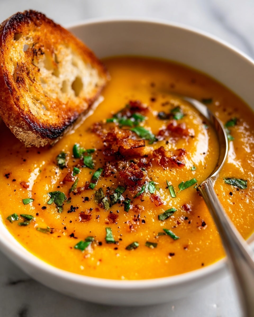 The image shows a close-up of a creamy orange soup in a white bowl set on a white marbled surface. The soup has a smooth texture with visible small chunks of food and is topped with green herbs and browned bits, likely spices or crispy ingredients. A toasted round bread piece is placed on the edge inside the bowl, partially submerged. A spoon with a reflective metal surface is resting inside the bowl on the right side, slightly scooping some soup. The lighting is bright, highlighting the warm colors and textures of the soup. Photo taken with an iphone --ar 4:5 --v 7