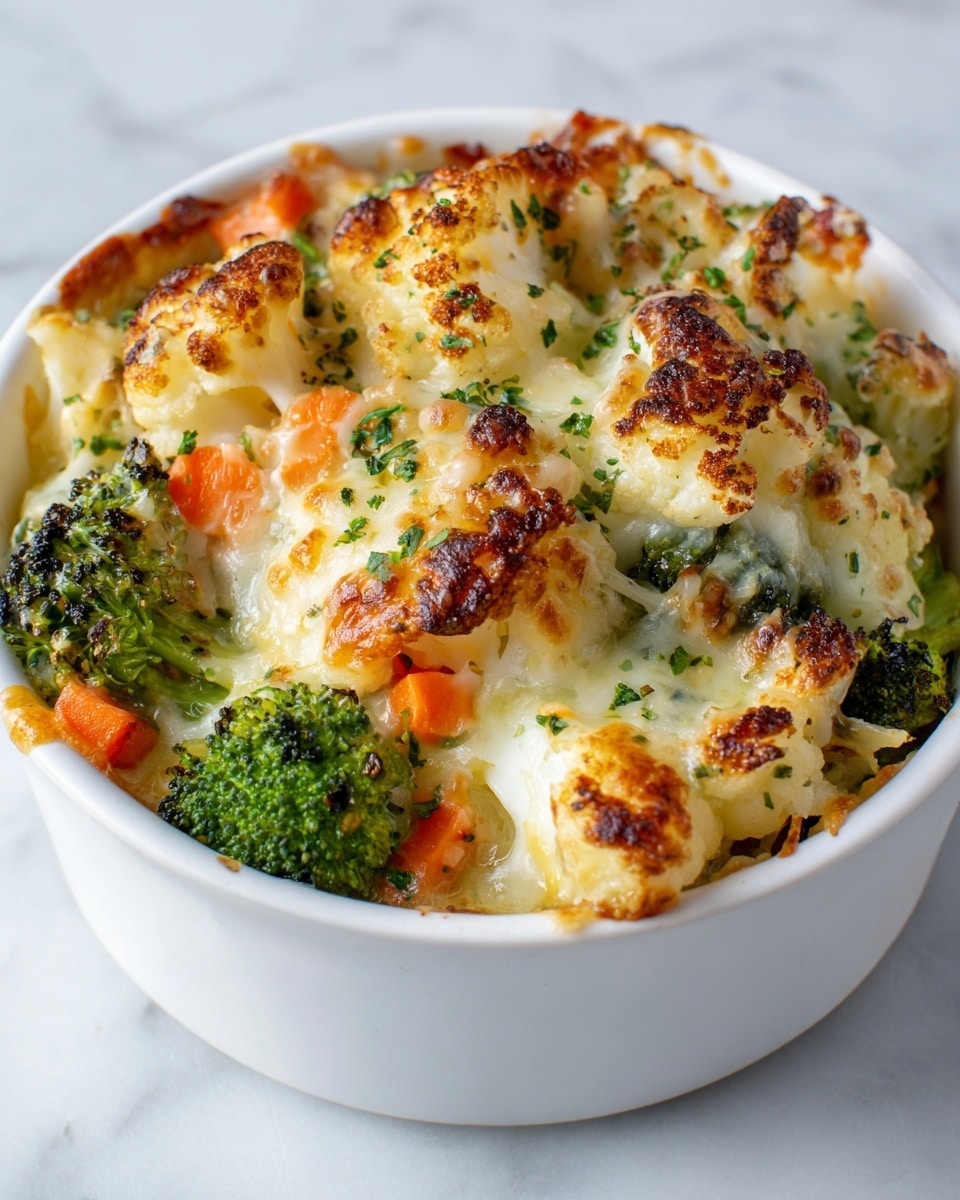 The image shows a white bowl filled with baked mixed vegetables covered in melted cheese. The dish has a layer of golden-brown, bubbly cheese on top with pieces of cauliflower that are lightly roasted and creamy white with brown spots. Beneath the cheese layer, there are bright green broccoli florets and small orange carrot chunks mixed evenly. The top is garnished with small bits of chopped green herbs. The bowl sits on a white marbled surface. photo taken with an iphone --ar 4:5 --v 7
