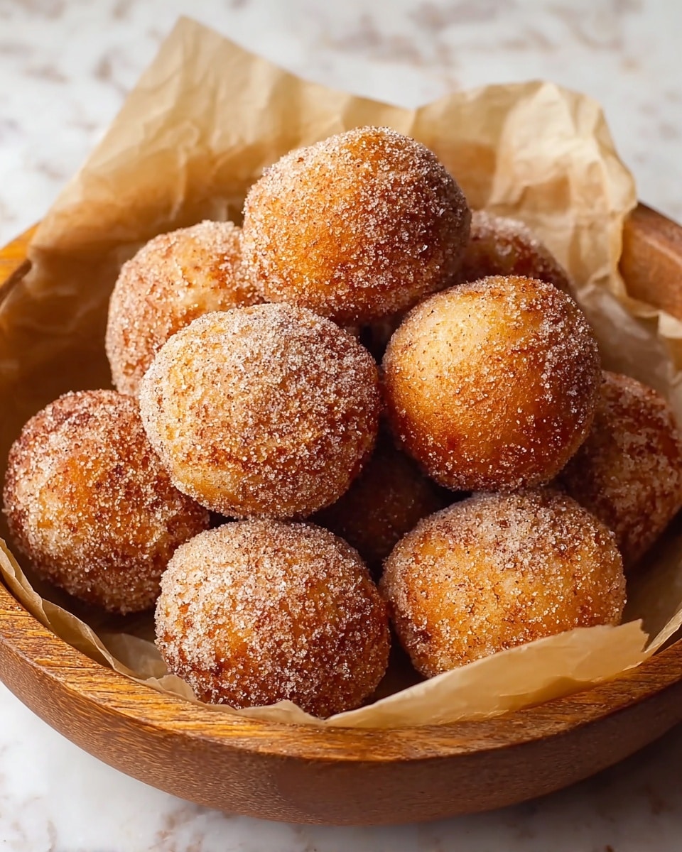 A round wooden bowl lined with crinkled light brown parchment paper holds a pile of nine golden-brown doughnut holes generously coated in a sparkling layer of granulated sugar mixed with cinnamon. Each doughnut hole has a rough, slightly uneven surface texture with a warm, toasted color gradient from light to darker brown. They are stacked in a cozy, slightly overlapping arrangement, giving a sense of abundance and softness. The background shows a white marbled textured surface. photo taken with an iphone --ar 4:5 --v 7