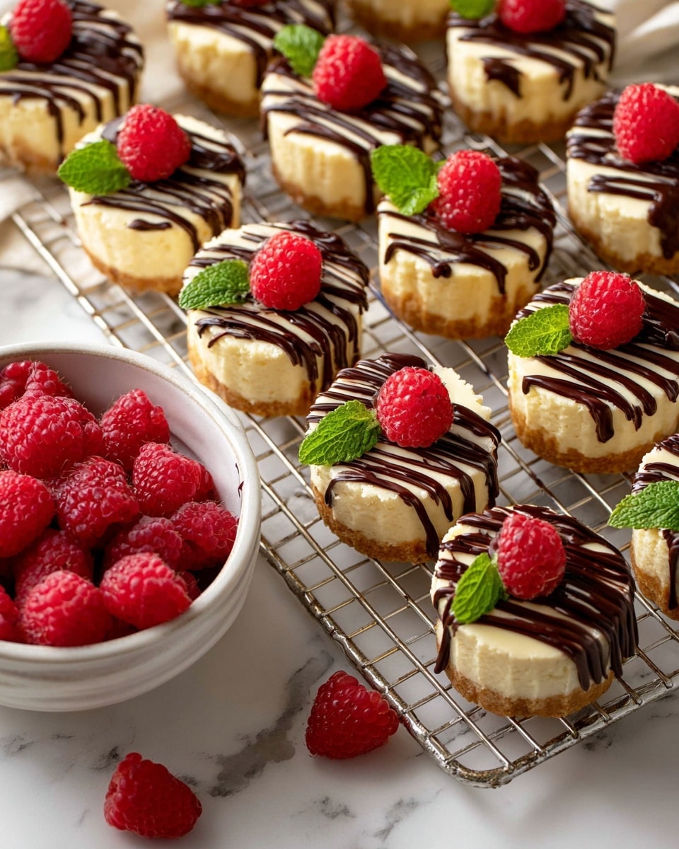 The image shows a group of mini cheesecakes placed on a wire cooling rack over a white marbled surface. Each cheesecake has three clear layers: a golden brown crust at the bottom, smooth creamy white cheesecake in the middle, and a shiny dark brown chocolate drizzle on top arranged in diagonal lines. Some cheesecakes are decorated with a bright red raspberry and fresh green mint leaves, adding color contrast. Next to the rack, there is a white bowl filled with extra fresh red raspberries, and a few raspberries are scattered on the white marbled surface. The scene is bright and fresh, showing the textures of the cheesecake and fruits clearly. Photo taken with an iphone --ar 4:5 --v 7