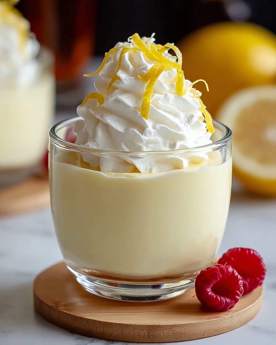 A clear glass cup filled with a smooth pale yellow pudding forms the bottom layer, topped with a tall swirl of fluffy white whipped cream. On top of the whipped cream sit bright yellow thin lemon zest strips and two red raspberries peeking out on the side. The glass is placed on a light wooden round coaster, all set against a white marbled background with blurred bottles and lemons in the distance. photo taken with an iphone --ar 4:5 --v 7