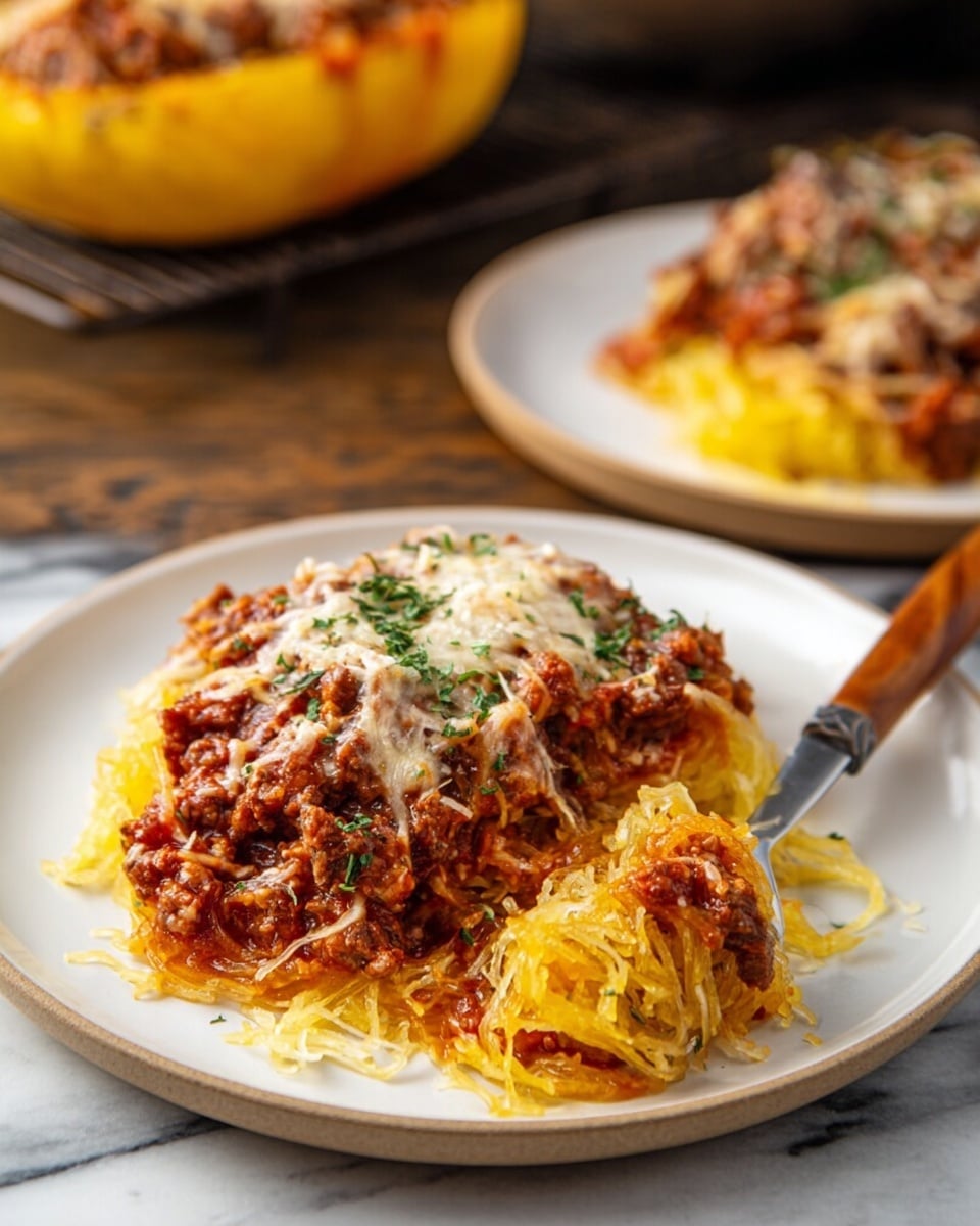 A close-up of a spoon lifting a portion of spaghetti squash lasagna from a yellow squash shell. The dish has visible layers starting from the bottom with a deep red tomato and ground meat sauce, followed by a yellow spaghetti squash layer with a stringy texture, topped with melted white cheese that is slightly browned. The squash shell acts as a natural bowl with the ridged yellow skin and a light orange interior. The background features a softly blurred warm tone, and the surface below is a white marbled texture. photo taken with an iphone --ar 4:5 --v 7