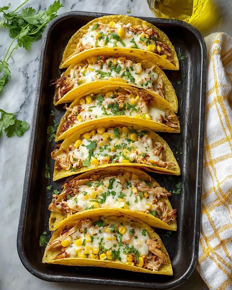 A black tray holds six soft yellow tacos, each folded in half and arranged in two neat rows. Inside each taco, the bottom layer is shredded light brown chicken mixed with bright yellow corn kernels. Above this is a thick layer of melted white cheese that looks gooey and slightly browned. The tacos are sprinkled with small, fresh green cilantro leaves on top. The tray sits on a white marbled surface with a folded white and yellow checkered cloth nearby and a bottle of olive oil in the upper right corner. photo taken with an iphone --ar 4:5 --v 7