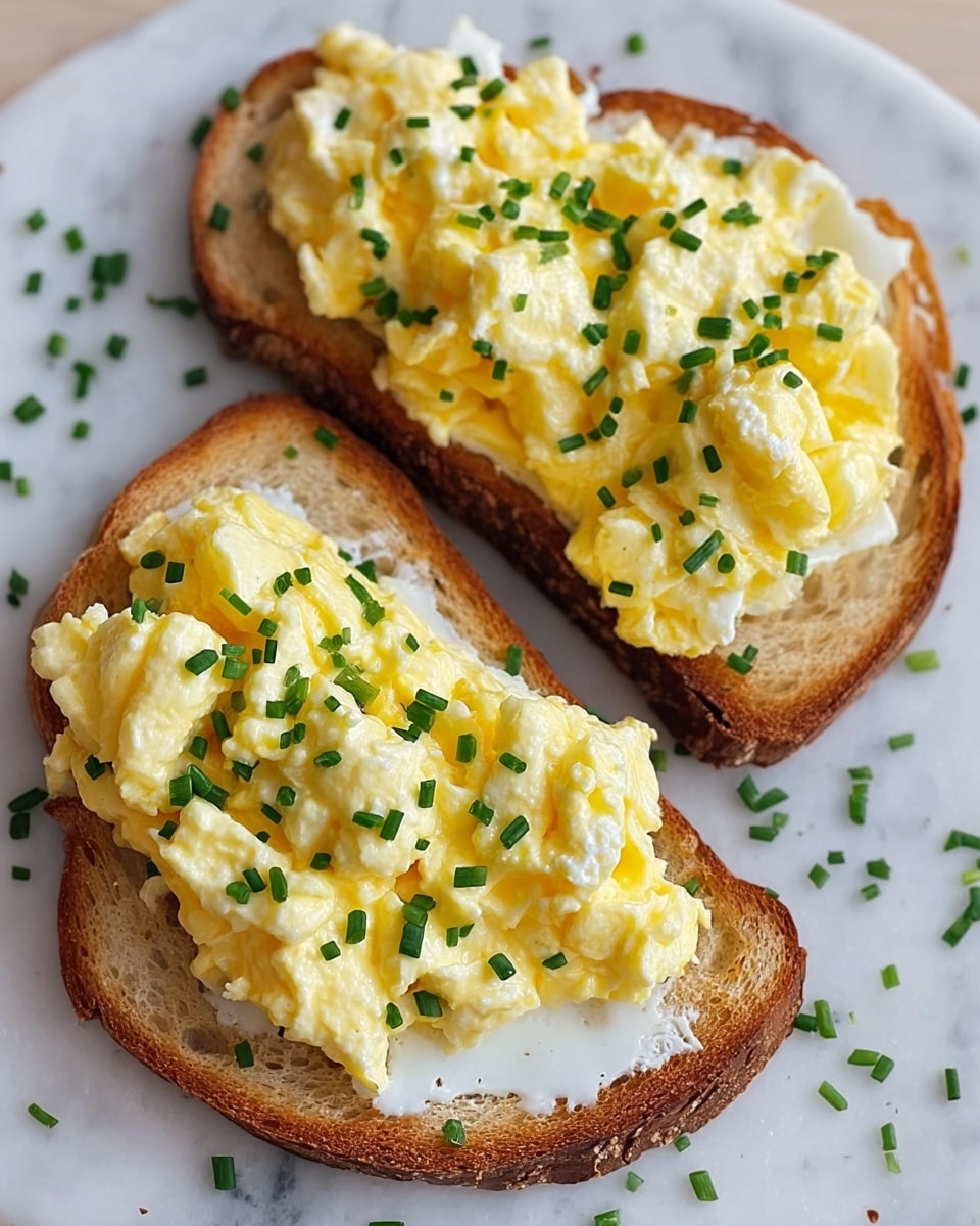 Two pieces of toasted bread lie on a white marbled surface, each topped with a thick layer of creamy scrambled eggs. The eggs are fluffy with a combination of yellow and white curds, showing a soft and slightly wet texture. Chopped green chives are sprinkled evenly over the eggs, adding small pops of green color. The toast is golden brown around the edges with a light and airy crumb in the middle. Scattered chive pieces surround the toast on the surface, adding a fresh touch. photo taken with an iphone --ar 4:5 --v 7