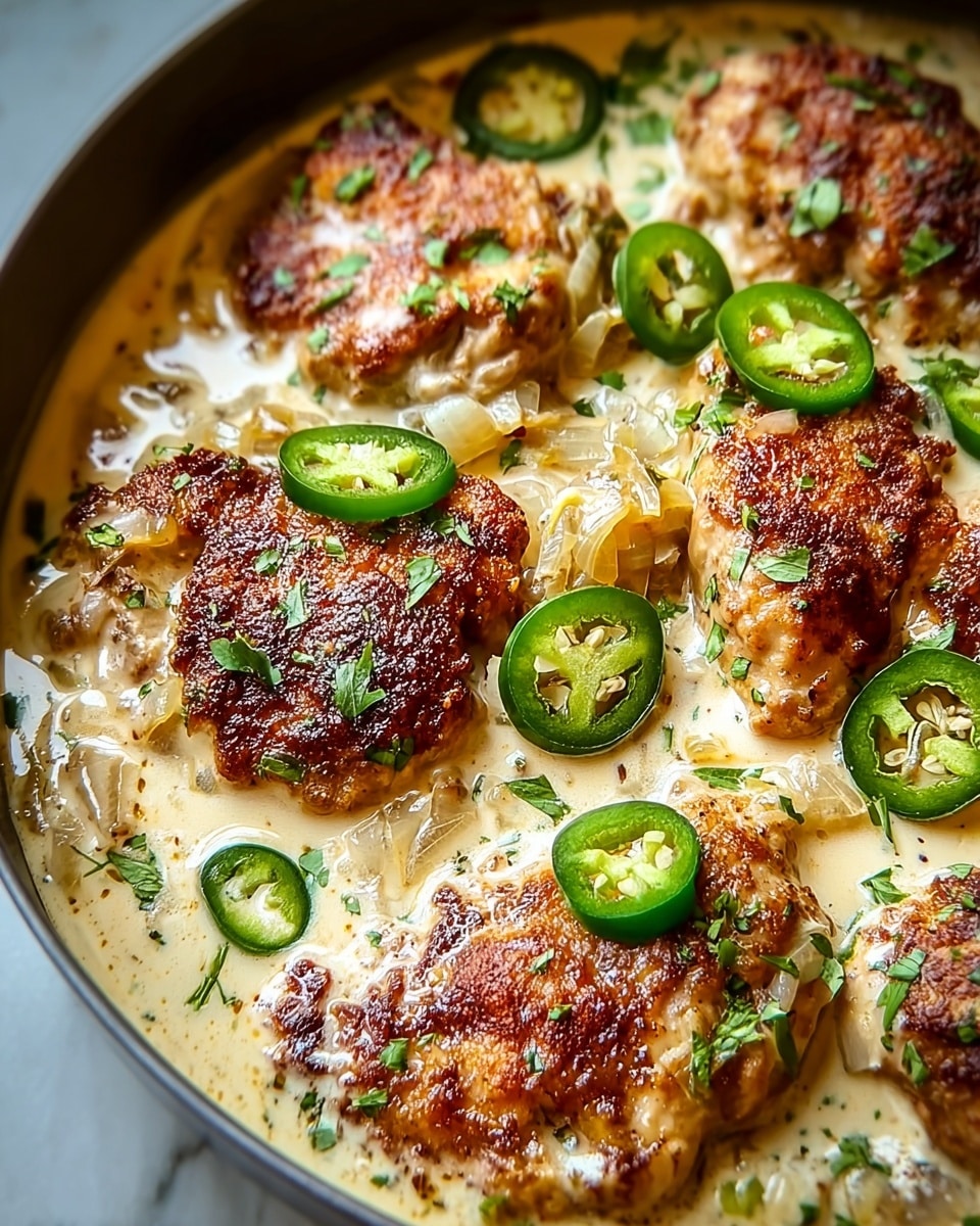 The image shows a close-up of browned chicken pieces with a crispy, golden-brown crust on top, nestled in a creamy light beige sauce. The dish is garnished with green jalapeno slices and small chopped green herbs scattered over the chicken and sauce. The sauce has a smooth texture with bits of sautéed onions visible. The food is inside a round pan placed on a white marbled texture. photo taken with an iphone --ar 4:5 --v 7