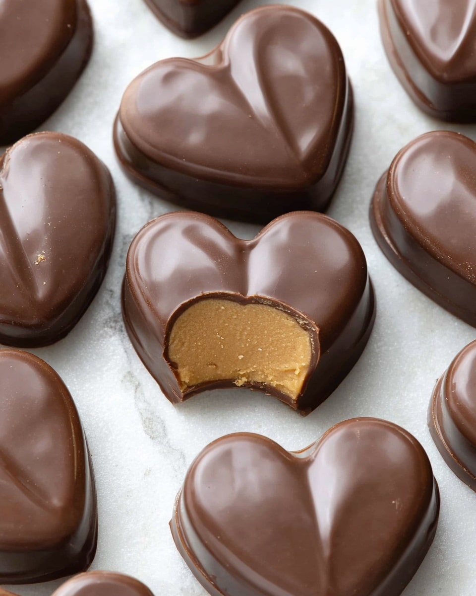 The image shows several heart-shaped chocolates with a smooth, shiny milk chocolate coating as the outer layer. One heart is whole and glossy in the middle foreground, while others are cut open, revealing a thick, light brown, crumbly filling inside. The chocolates are placed on a white marbled surface. In the background, there is a white bowl filled with round, light brown nuts or candies. Small pastel-colored heart-shaped decorations are scattered around the chocolates. Photo taken with an iphone --ar 4:5 --v 7