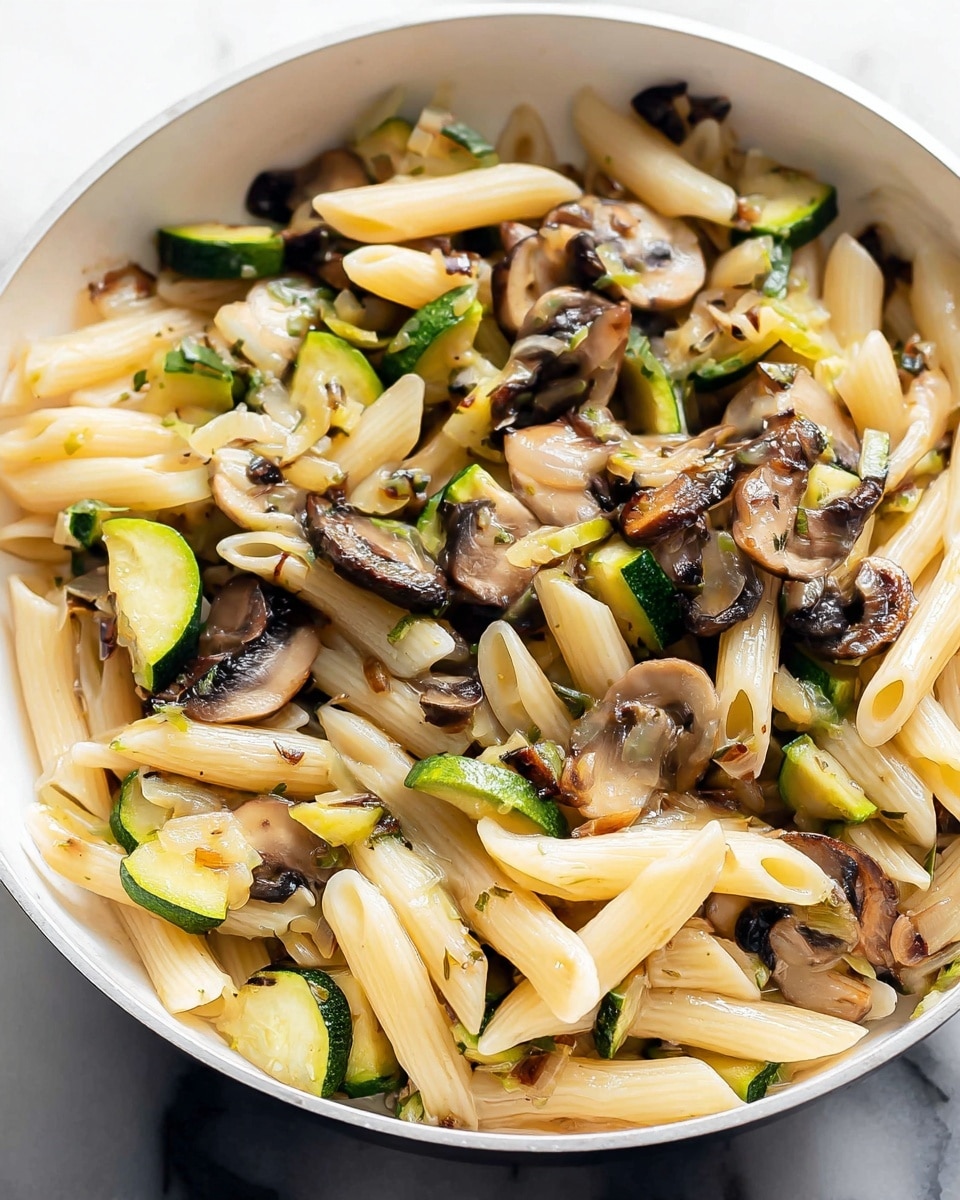 A close-up view of cooked penne pasta mixed with sautéed vegetables inside a white bowl; the pasta is pale yellow with a smooth, slightly glossy texture and covers the outer layers, while the inner layers contain sliced green zucchini and brown mushrooms with a soft, cooked appearance, showing some charred edges; the vegetables are cut into small pieces and mixed evenly with the pasta on a white marbled surface. photo taken with an iphone --ar 4:5 --v 7