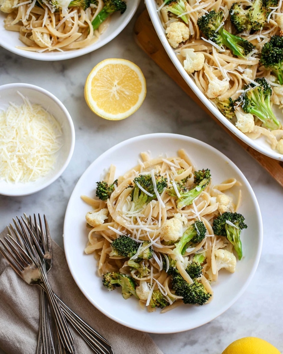 The dish shows a white bowl filled with penne pasta mixed with small roasted broccoli and cauliflower pieces. The pasta is light beige, with each penne tube smooth and slightly glossy. The broccoli pieces are dark green with a rough texture on top, and the cauliflower has a creamy white color with some brown, charred spots from roasting. Thin shreds of pale cheese are scattered lightly over the pasta and vegetables, adding a touch of softness and color contrast. The bowl sits on a white marbled surface. Photo taken with an iphone --ar 4:5 --v 7