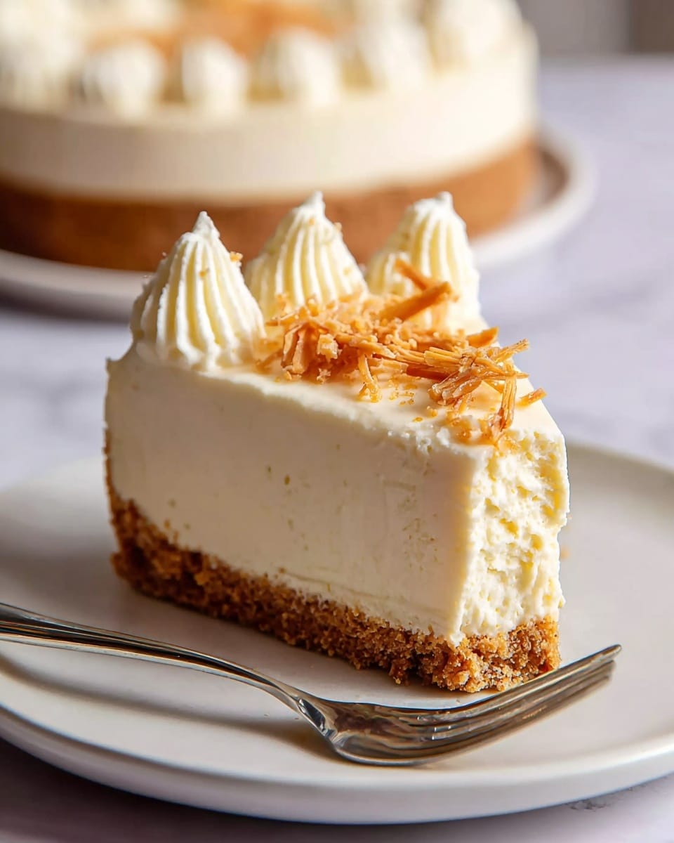 The image shows a round cheesecake with three layers. The bottom layer is a dark brown crunchy crust, the middle layer is thick and creamy off-white cheesecake, and the top layer is smooth and pale cream. There are thin, light yellow strips spread over the top along with a few small dollops of whipped cream near the edges. One slice is cut and slightly pulled out, showing the clean layers clearly. The cheesecake is on a simple white plate on a white marbled surface. Photo taken with an iphone --ar 4:5 --v 7