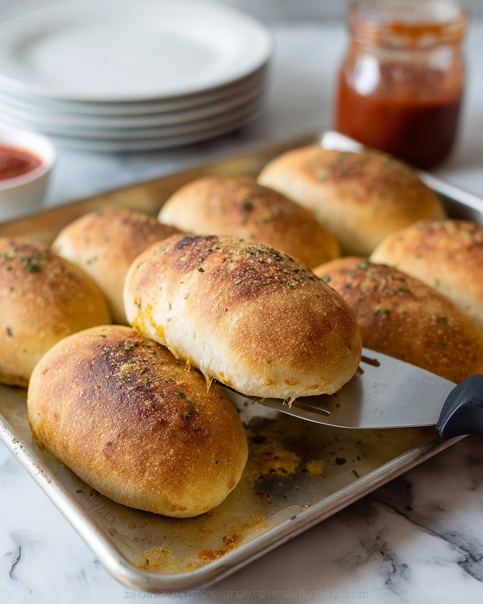 The image shows a close-up of six golden brown bread rolls with a slightly crispy, toasted crust on a metal baking tray. Each roll is oval-shaped with a textured surface, sprinkled with small bits of herbs. One roll is lifted slightly above the tray by a metal spatula with a black handle on the right side of the image. In the background, blurred, there is a small white bowl of red sauce and a glass jar placed on a stack of white plates. The tray sits on a white marbled surface. Photo taken with an iphone --ar 4:5 --v 7