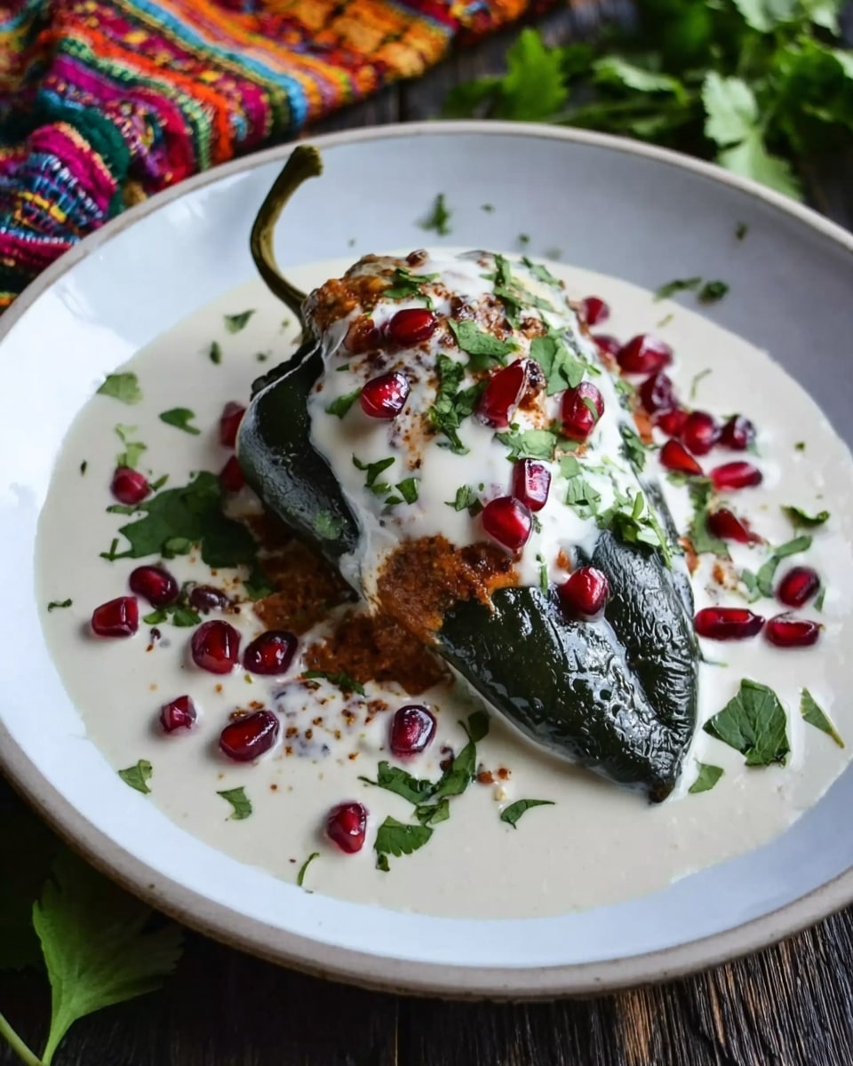 A white plate holds one large dark green roasted poblano pepper stuffed with a reddish-brown filling, topped with a thick layer of smooth white sauce that covers most of the pepper. Scattered on the sauce are small, bright red pomegranate seeds and fresh green parsley leaves. The plate is set on a dark wooden surface with a colorful cloth peeking at the top left and some green leaves on the right side. photo taken with an iphone --ar 4:5 --v 7