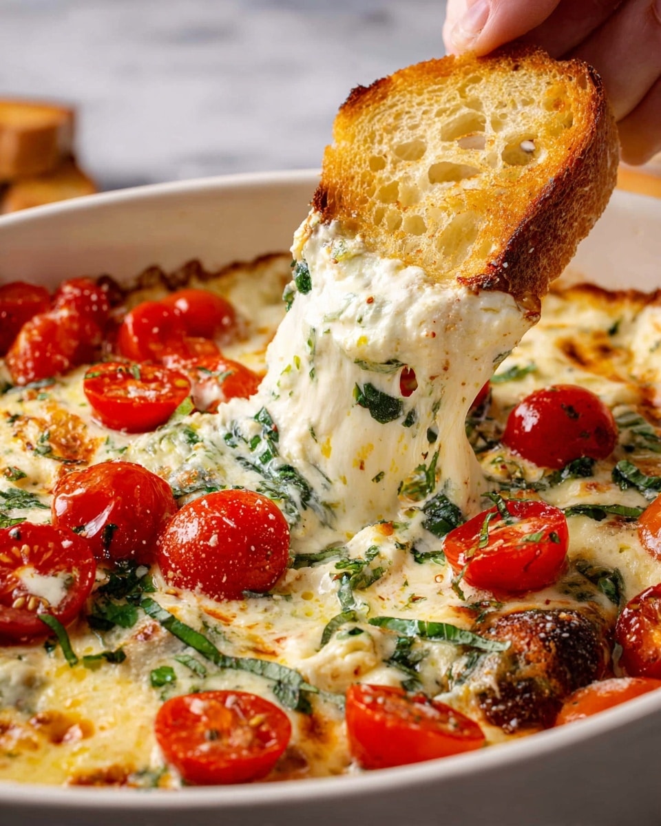 In a white bowl, there is a creamy, cheesy dip with fresh green herbs mixed throughout, topped with bright red halved cherry tomatoes scattered around. The dip has a smooth, melted cheese layer that stretches as a toasted golden-brown slice of bread is lifted from the bowl by a woman's hand. The bread has a crisp texture with visible air holes and a slightly oily surface. The white marbled background makes the colors of the dip and tomatoes pop, and the overall dish looks warm and inviting. photo taken with an iphone --ar 4:5 --v 7