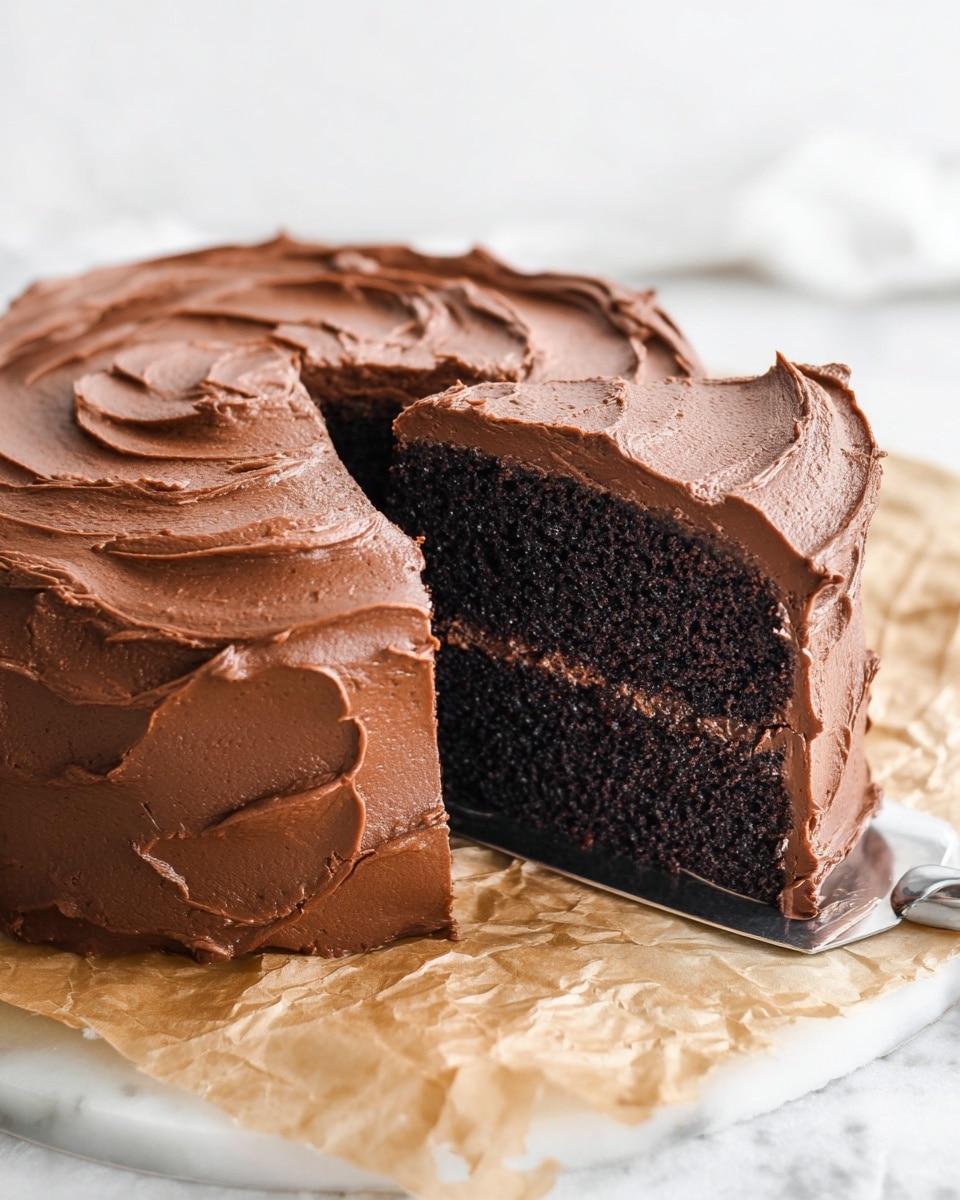 A close-up of a slice of three-layer chocolate cake placed on crinkled parchment paper on a white plate with small green floral patterns, the cake layers are dark, almost black, with a moist texture, separated and covered by smooth, thick milk chocolate frosting that has slightly rough swirled patterns around the sides and edges. The background surface is a white marbled texture. photo taken with an iphone --ar 4:5 --v 7